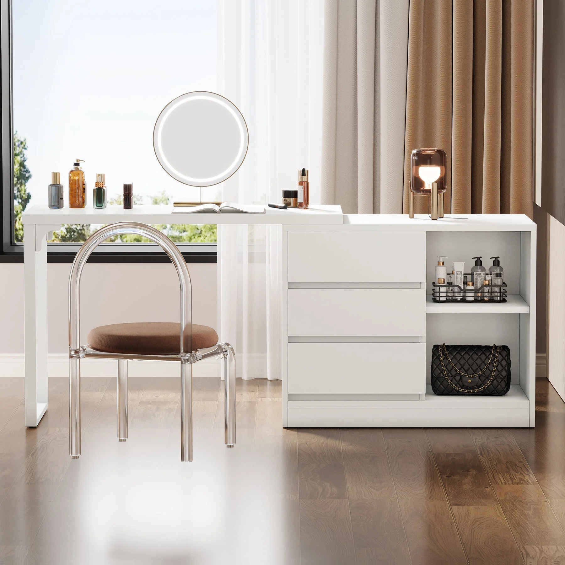 Modern Makeup Vanity, Dressing Table With 3 Drawers & Storage Shelves - Image 5
