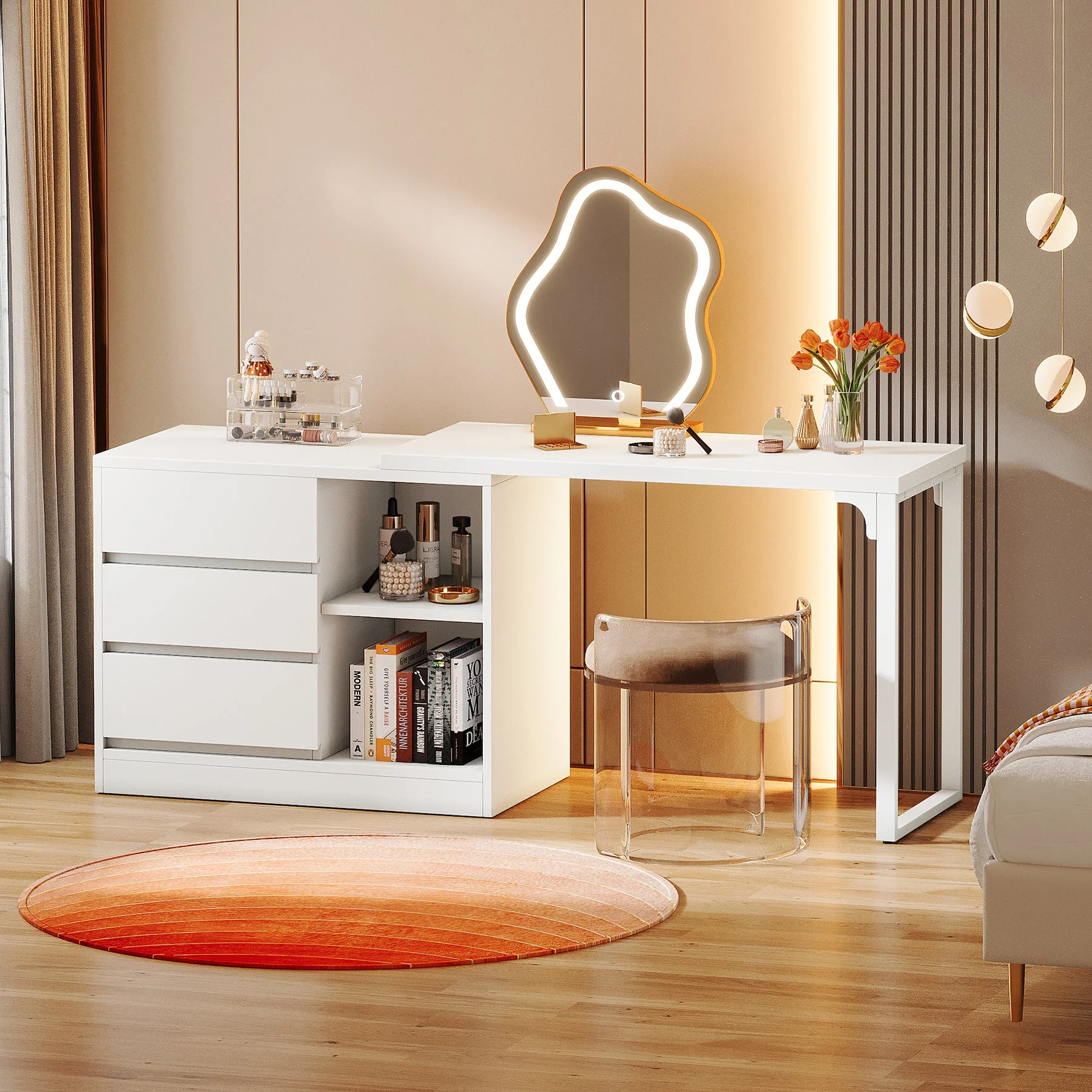 Modern Makeup Vanity, Dressing Table With 3 Drawers & Storage Shelves - Image 6