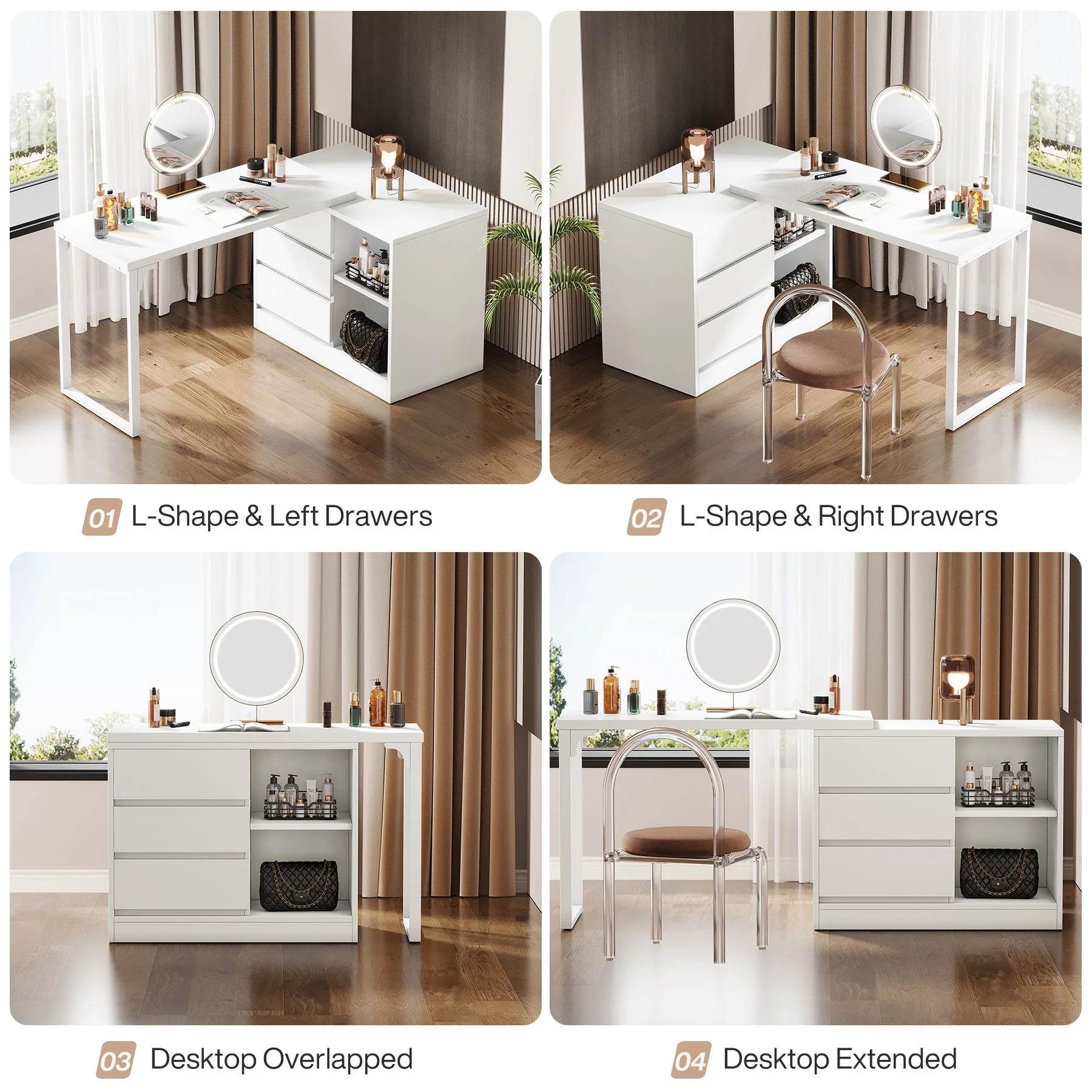 Modern Makeup Vanity, Dressing Table With 3 Drawers & Storage Shelves - Image 7