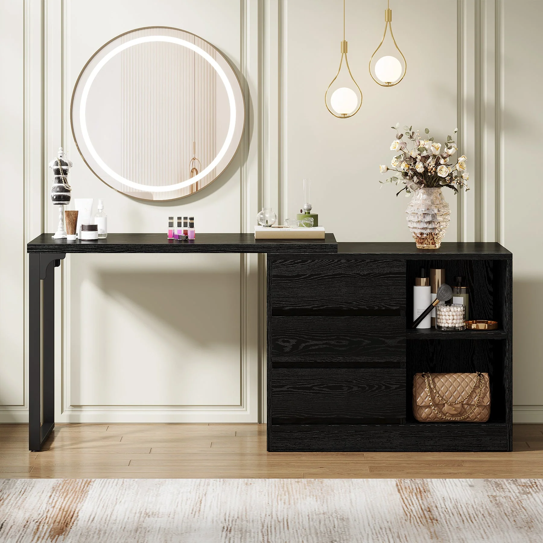 Modern Makeup Vanity, Dressing Table With 3 Drawers & Storage Shelves - Image 8