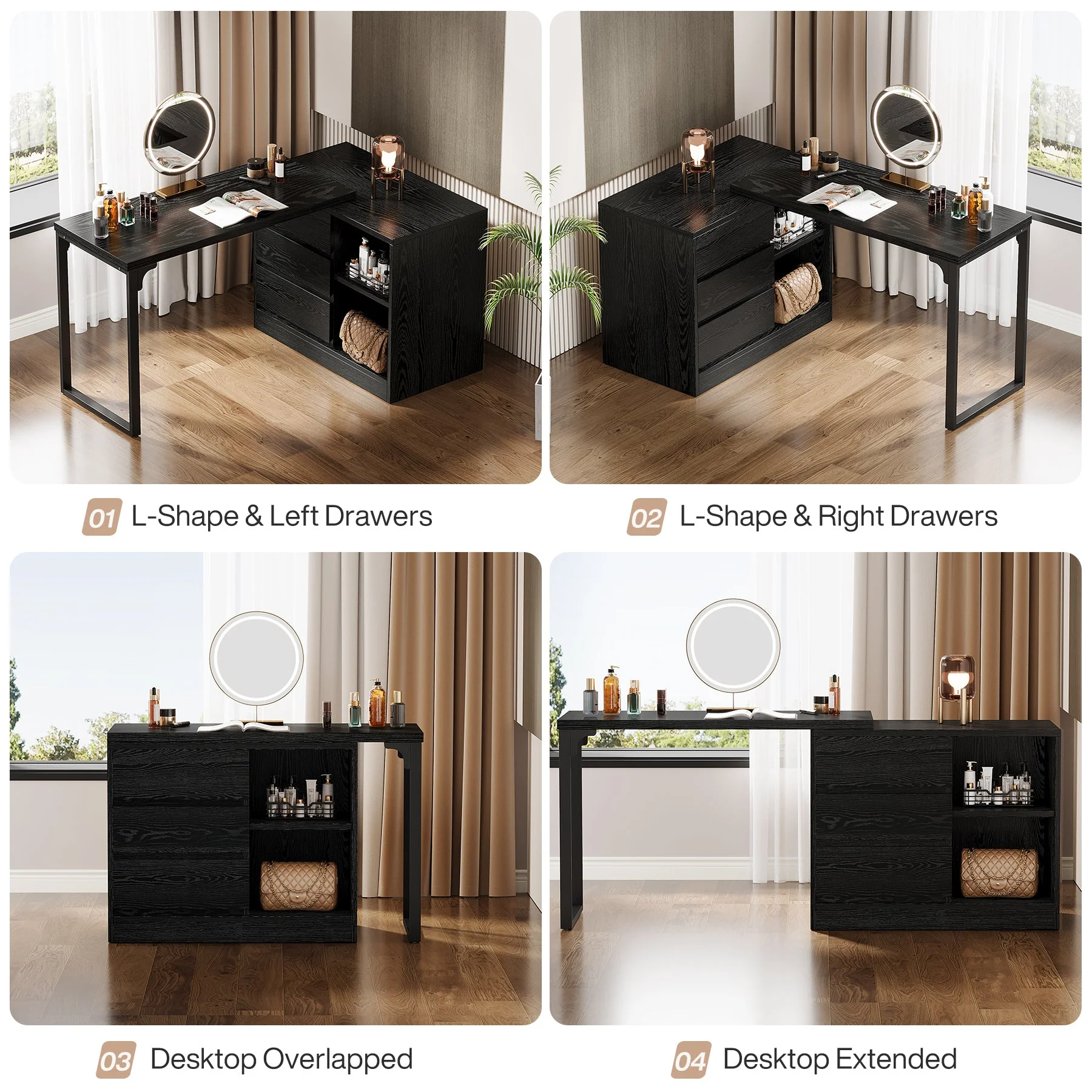 Modern Makeup Vanity, Dressing Table With 3 Drawers & Storage Shelves - Image 9