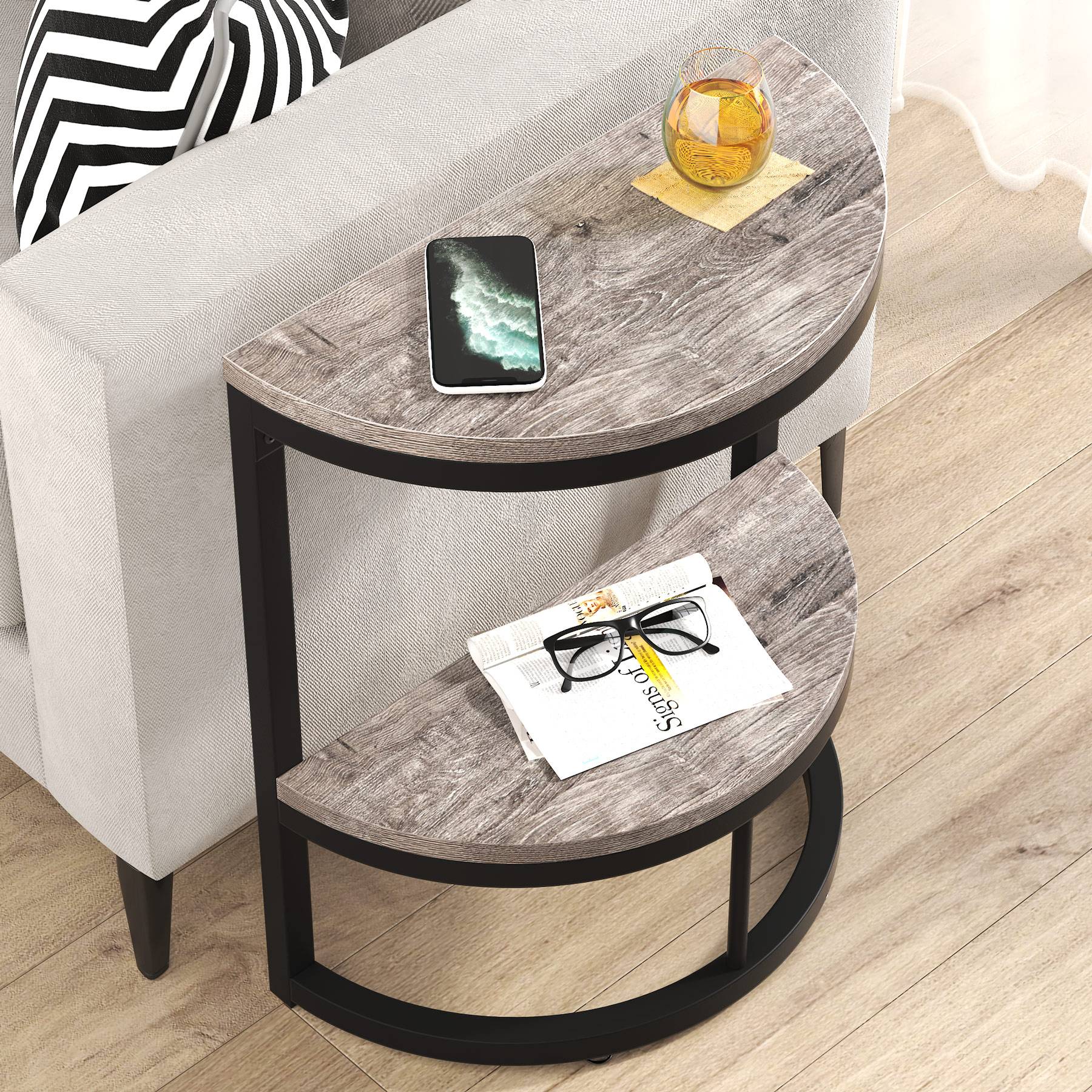 Half Round End Table, Narrow Side Table with Metal Frame - Image 3