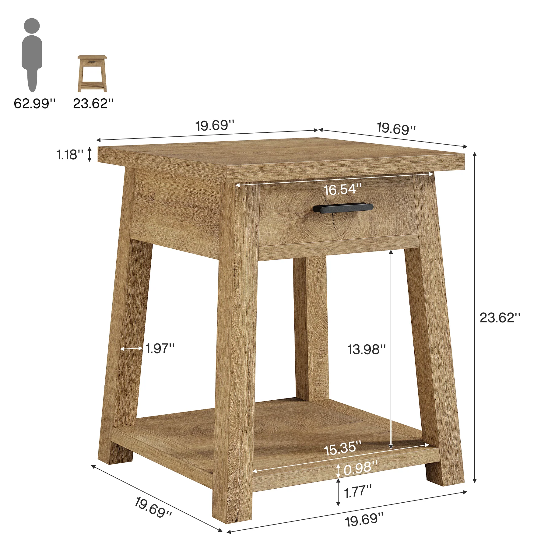End Table with Drawer, 2 -Tier Wooden Side Table with Shelf Storage - Image 2