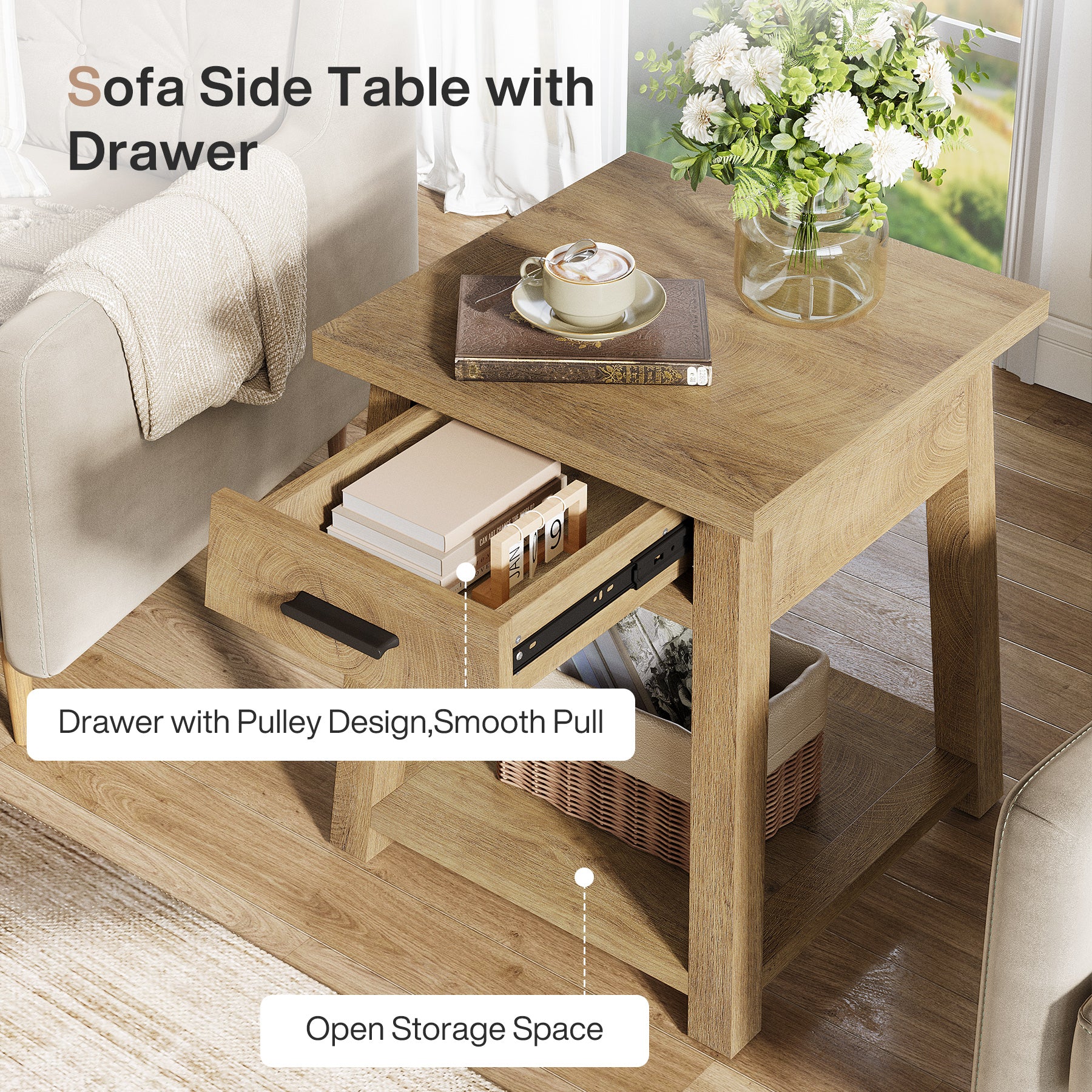 End Table with Drawer, 2 -Tier Wooden Side Table with Shelf Storage - Image 6