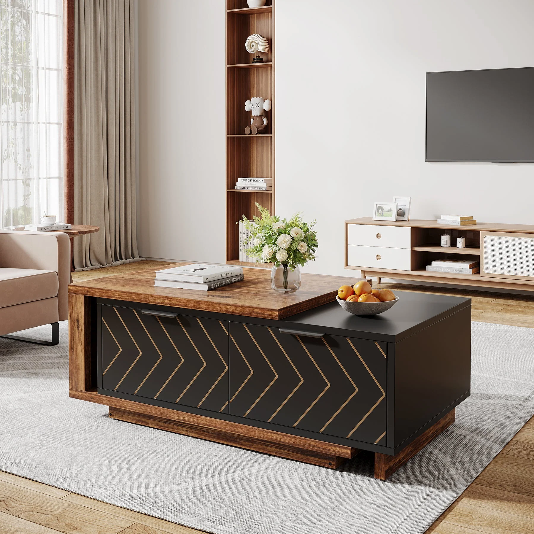 Extendable Coffee Table, Center Table Cocktail Table with 2 Storage Drawers - Image 6