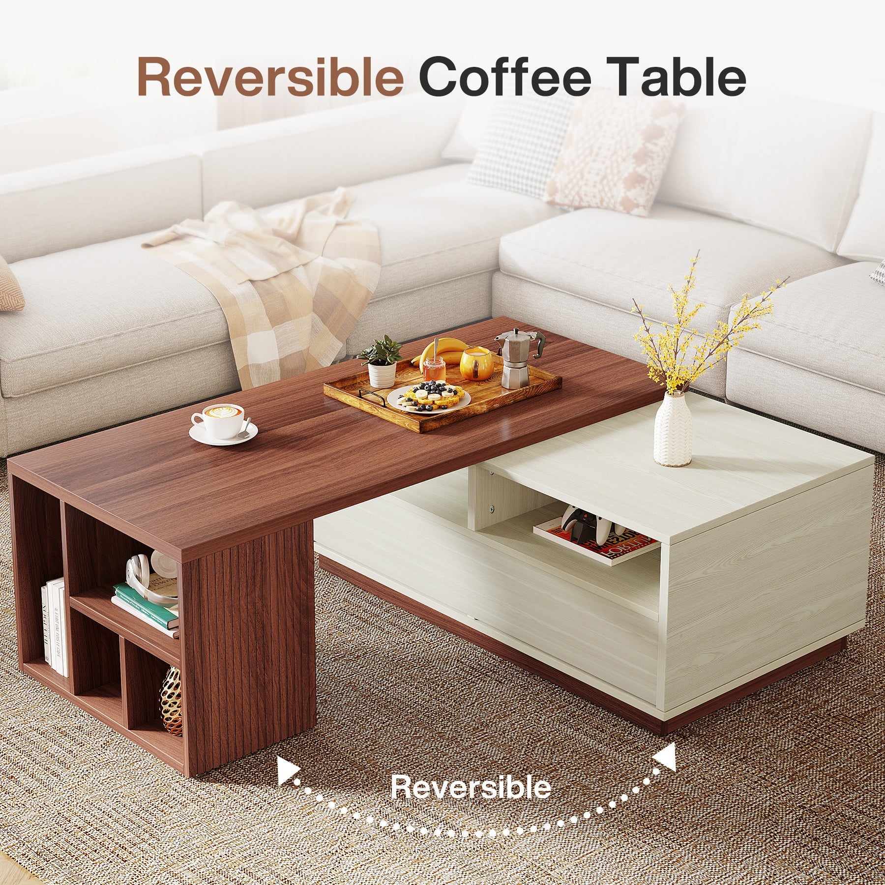 Extendable Coffee Table, Center Table with 2 Drawers and Reversible Tabletop - Image 5
