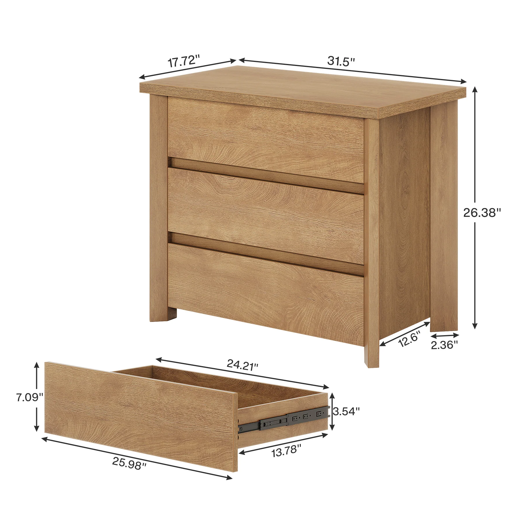 31.5" Wide Nightstand, Farmhouse Bedside Table with 3 Storage Drawers - Image 2