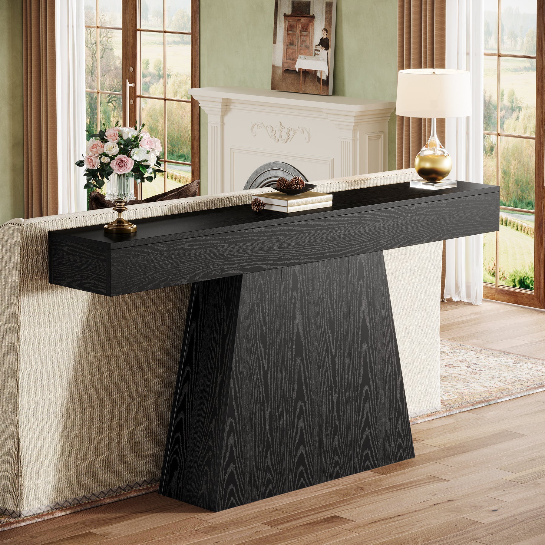 63" Console Table, Farmhouse Entryway Table Sofa Table with Trapezoidal Base