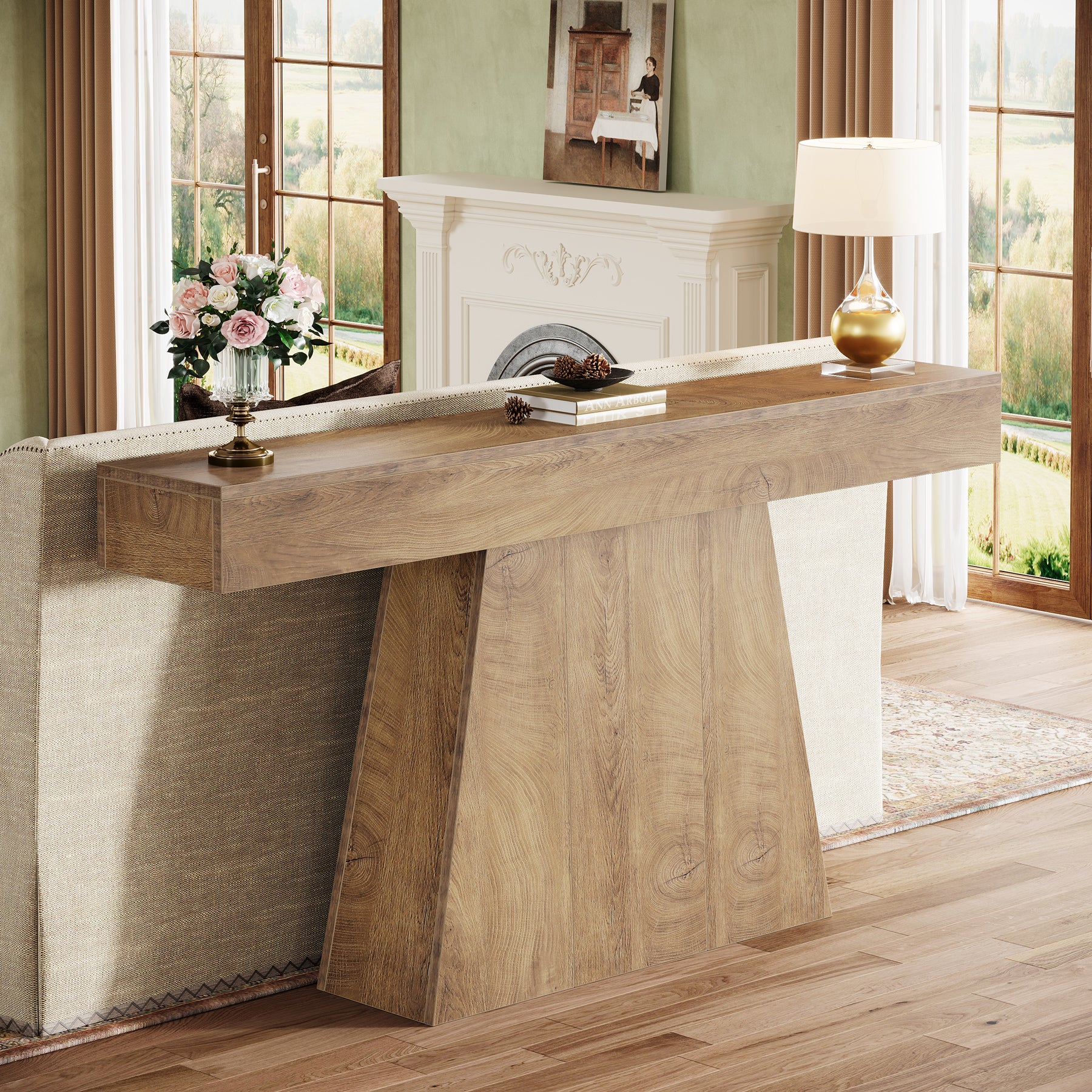 63" Console Table, Farmhouse Entryway Table Sofa Table with Trapezoidal Base - Image 7