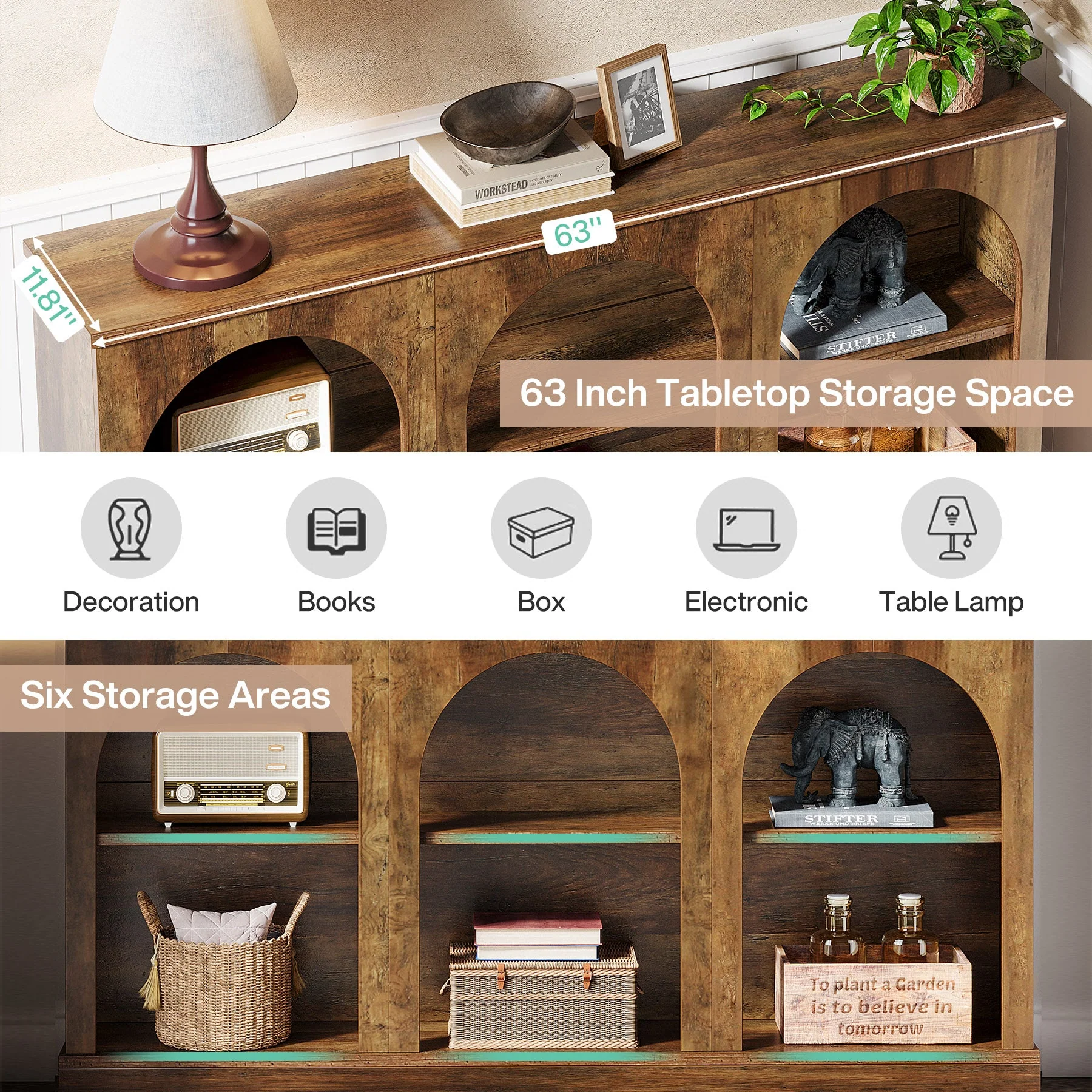 63" Console Table, Farmhouse Entryway Table with 3 Tier Storage - Image 6