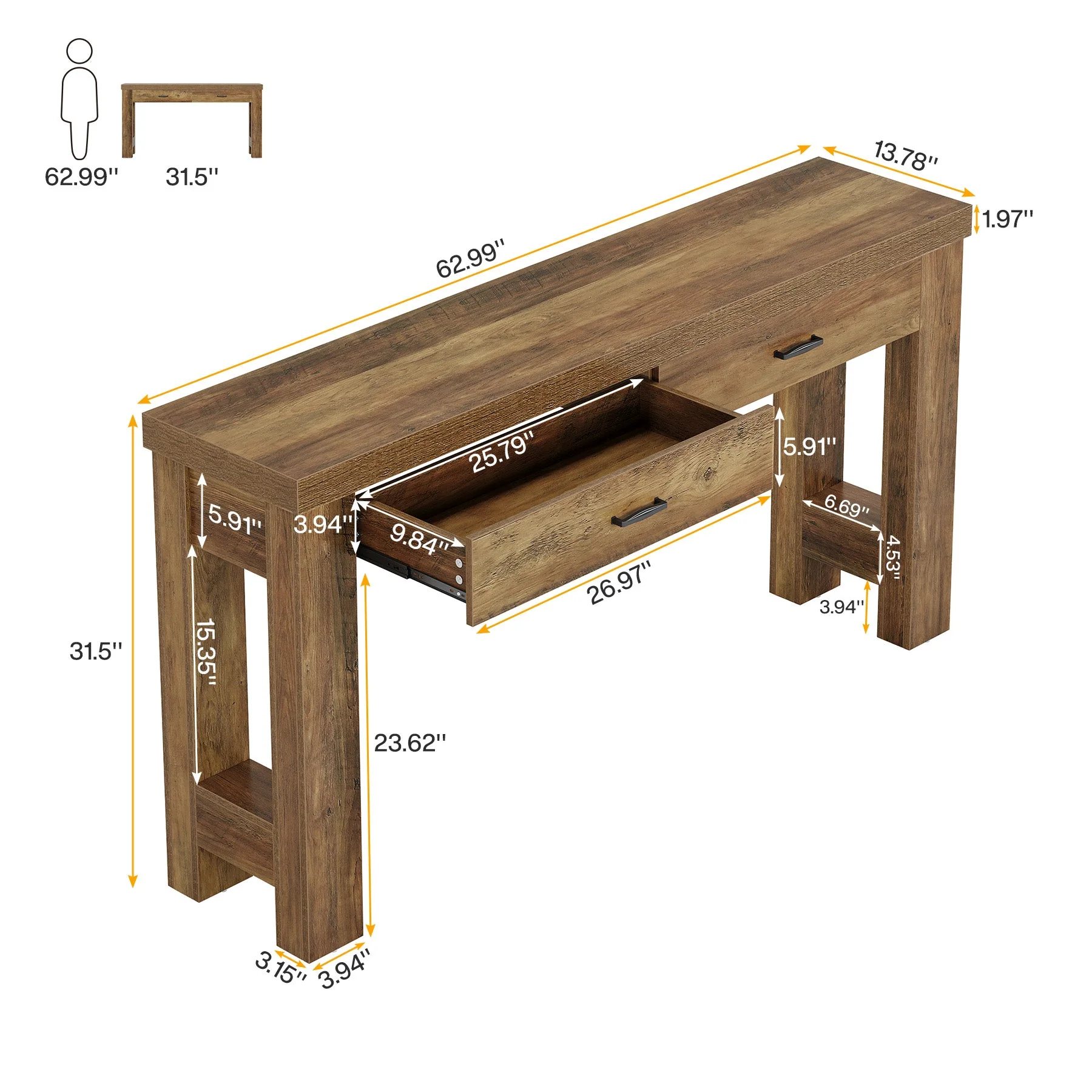 63" Console Table, Farmhouse Entryway Table with H-Shaped Legs and 2 Drawers - Image 2