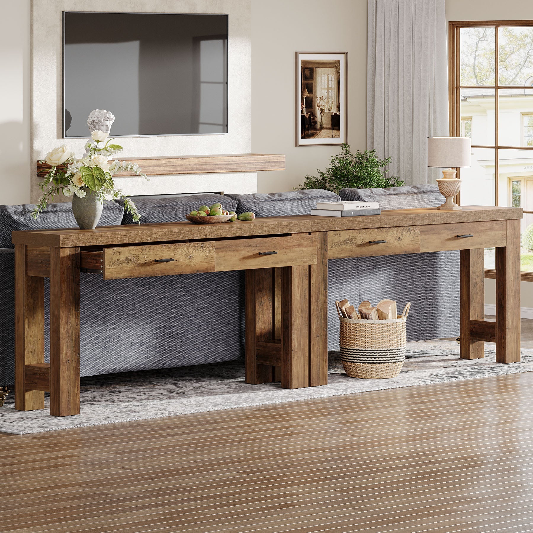 63" Console Table, Farmhouse Entryway Table with H-Shaped Legs and 2 Drawers - Image 5