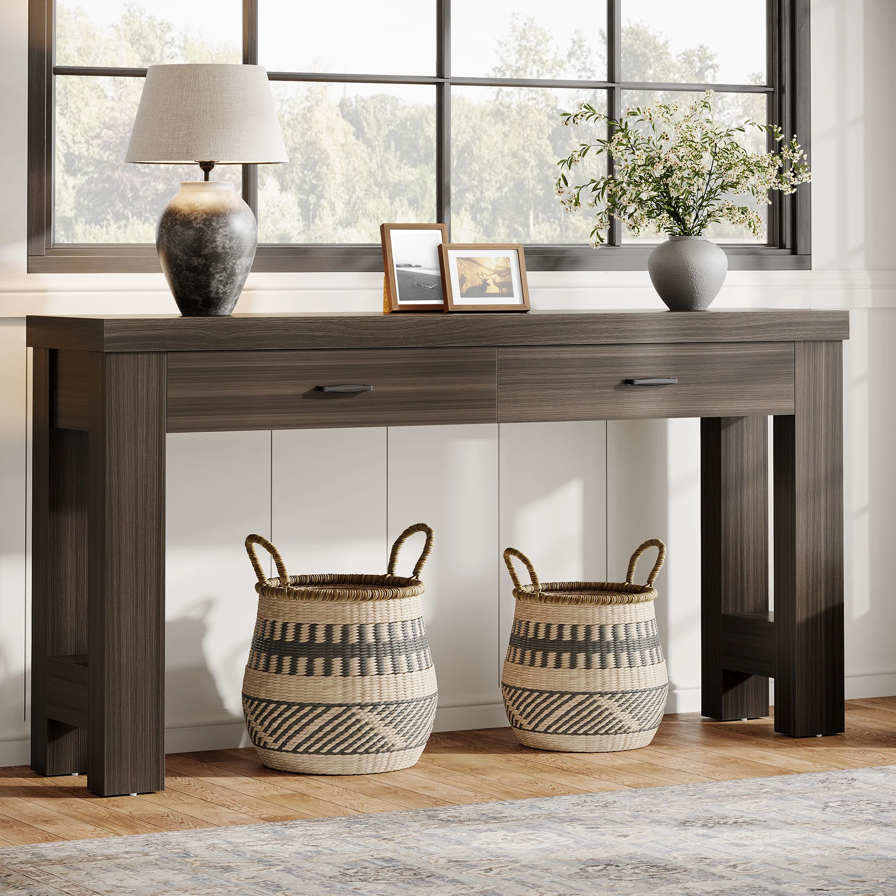 63" Console Table, Farmhouse Entryway Table with H-Shaped Legs and 2 Drawers - Image 7
