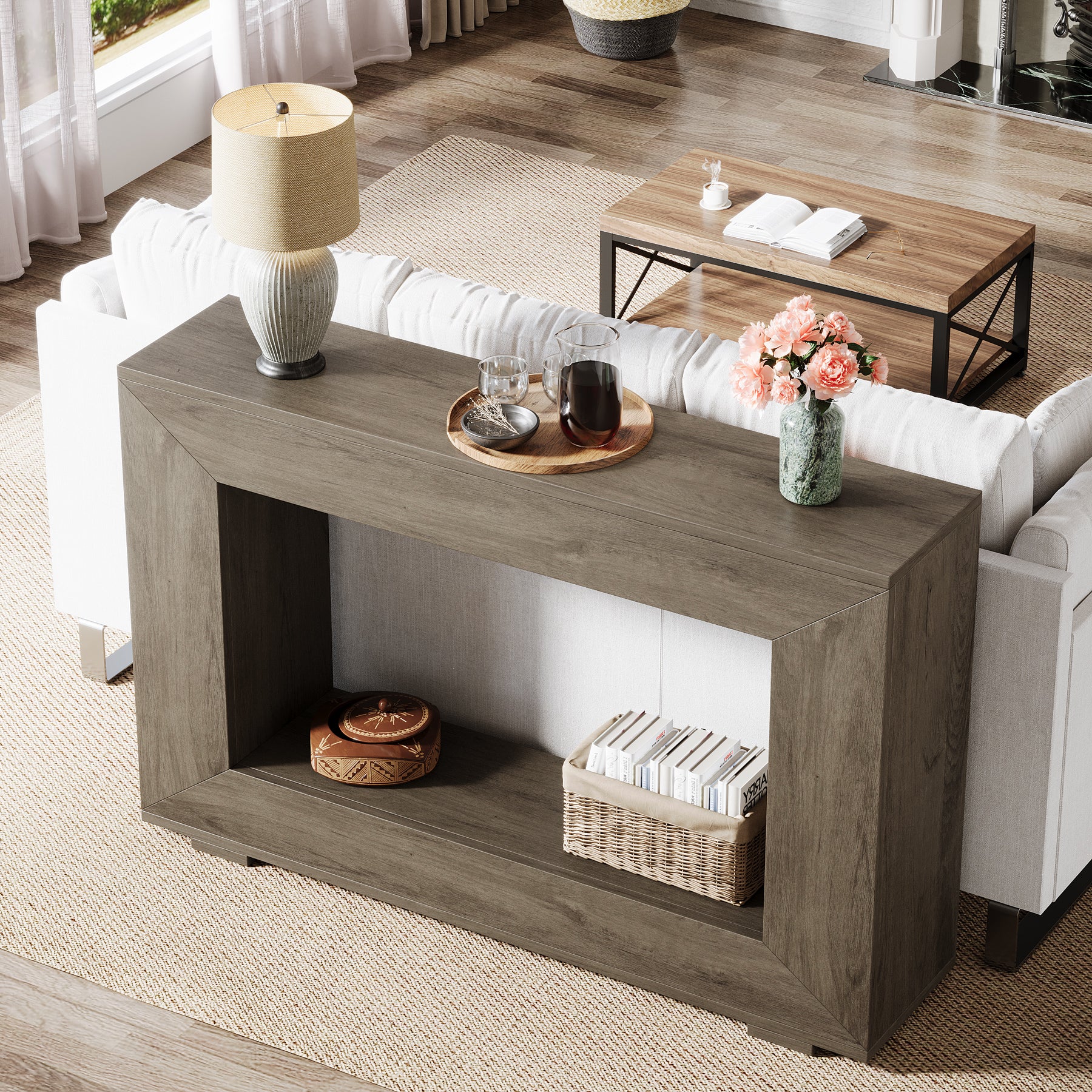 47" Farmhouse Console Table with Industrial Storage, Entryway Accent for Living Room & Entrance - Image 18