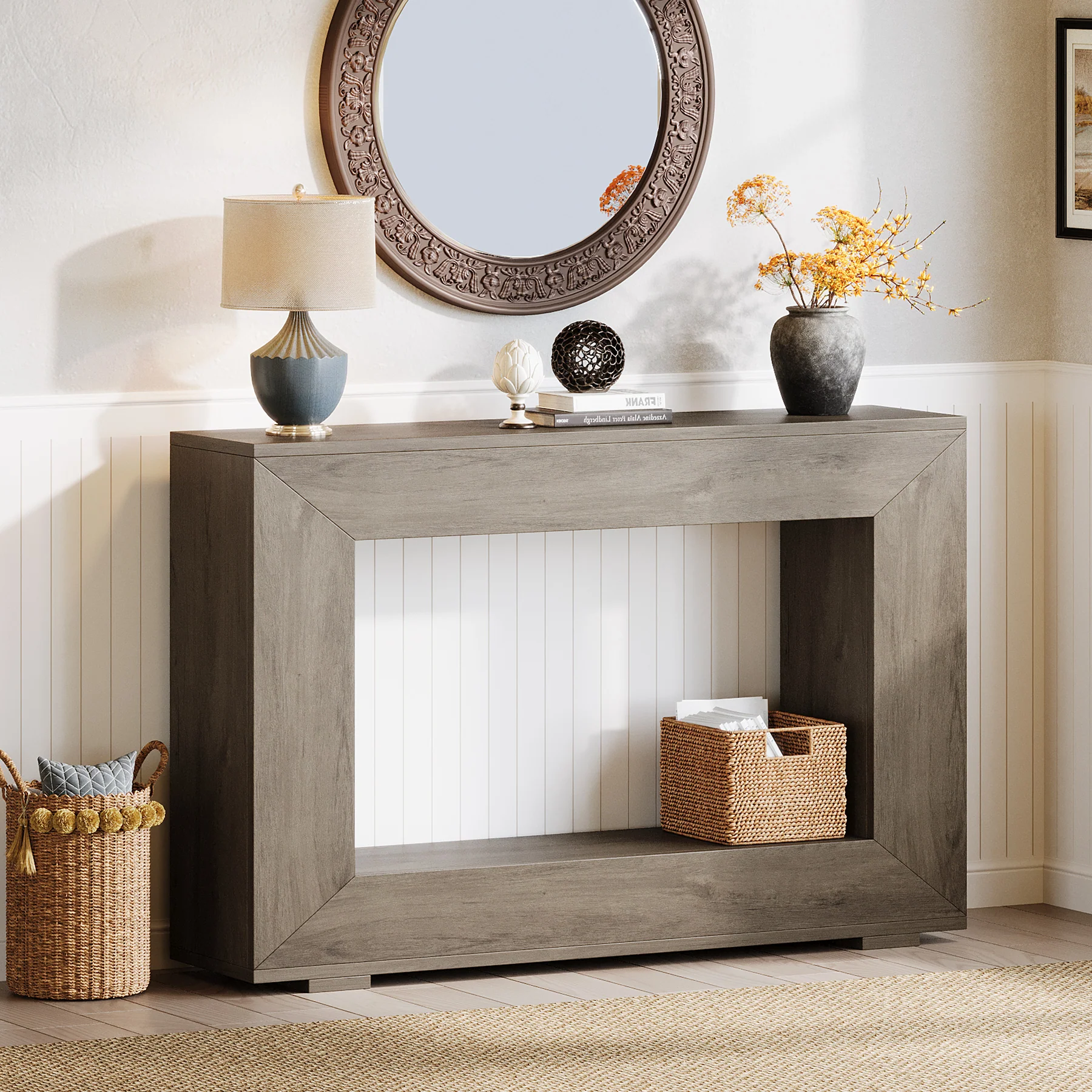 47" Farmhouse Console Table with Industrial Storage, Entryway Accent for Living Room & Entrance - Image 20