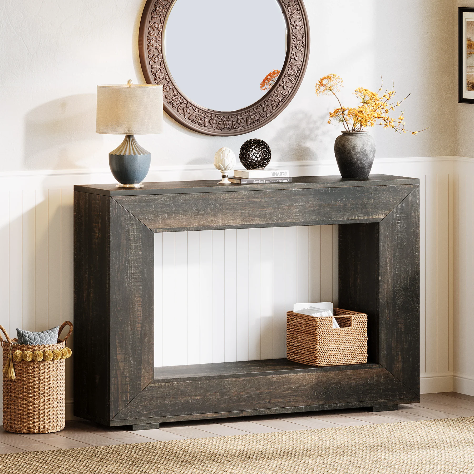 47" Farmhouse Console Table with Industrial Storage, Entryway Accent for Living Room & Entrance - Image 43