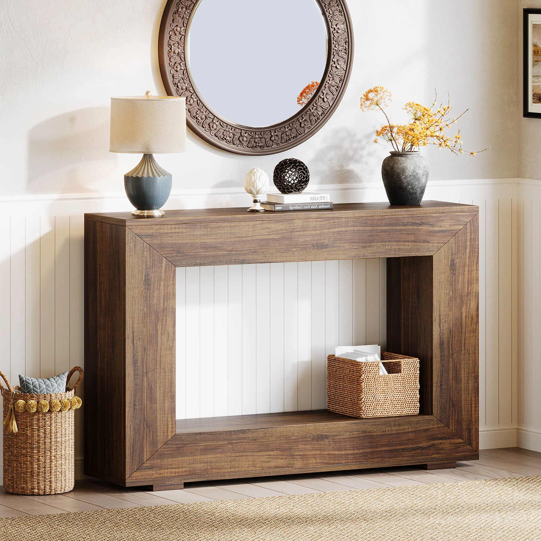 47" Farmhouse Console Table with Industrial Storage, Entryway Accent for Living Room & Entrance - Image 5