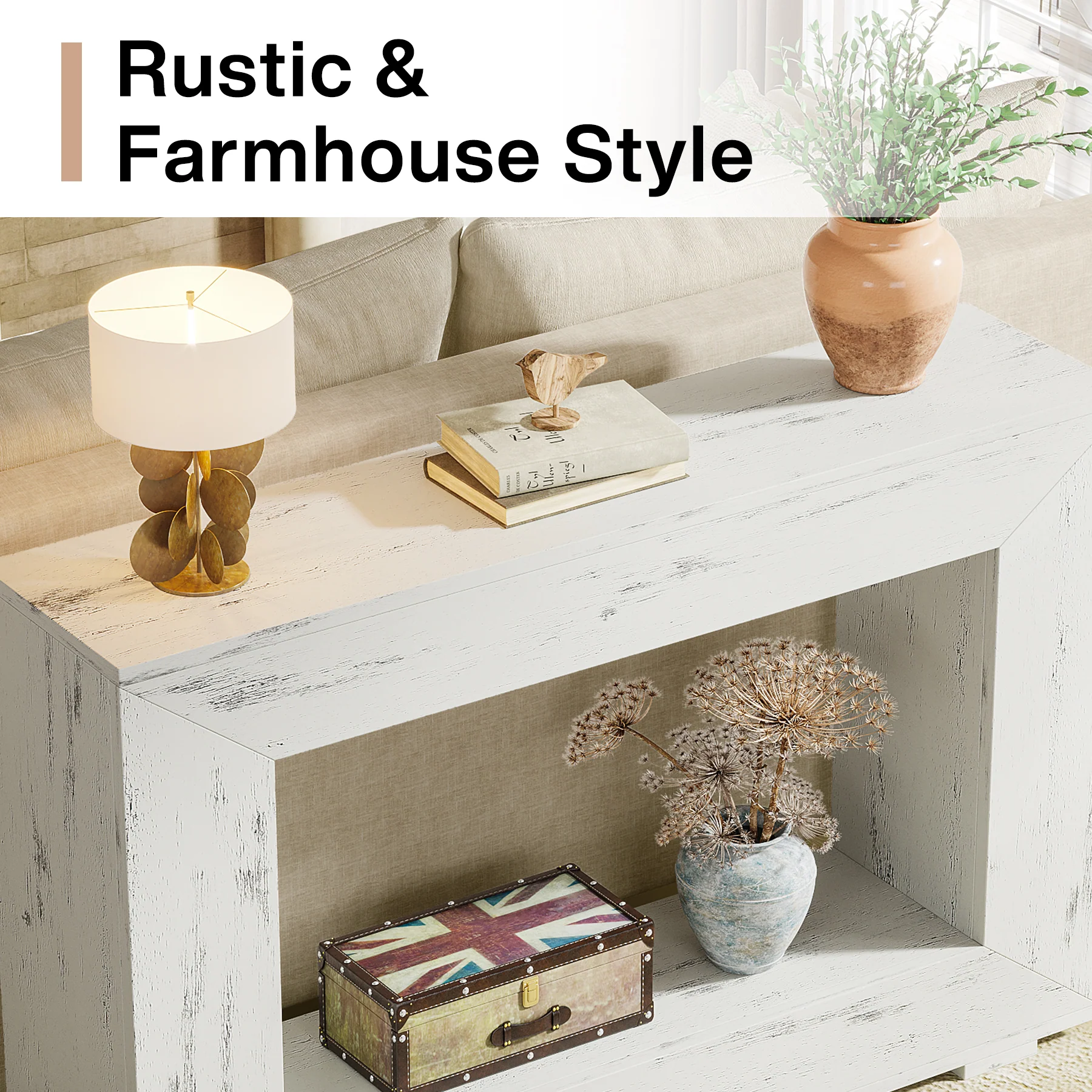 47" Farmhouse Console Table with Industrial Storage, Entryway Accent for Living Room & Entrance - Image 52