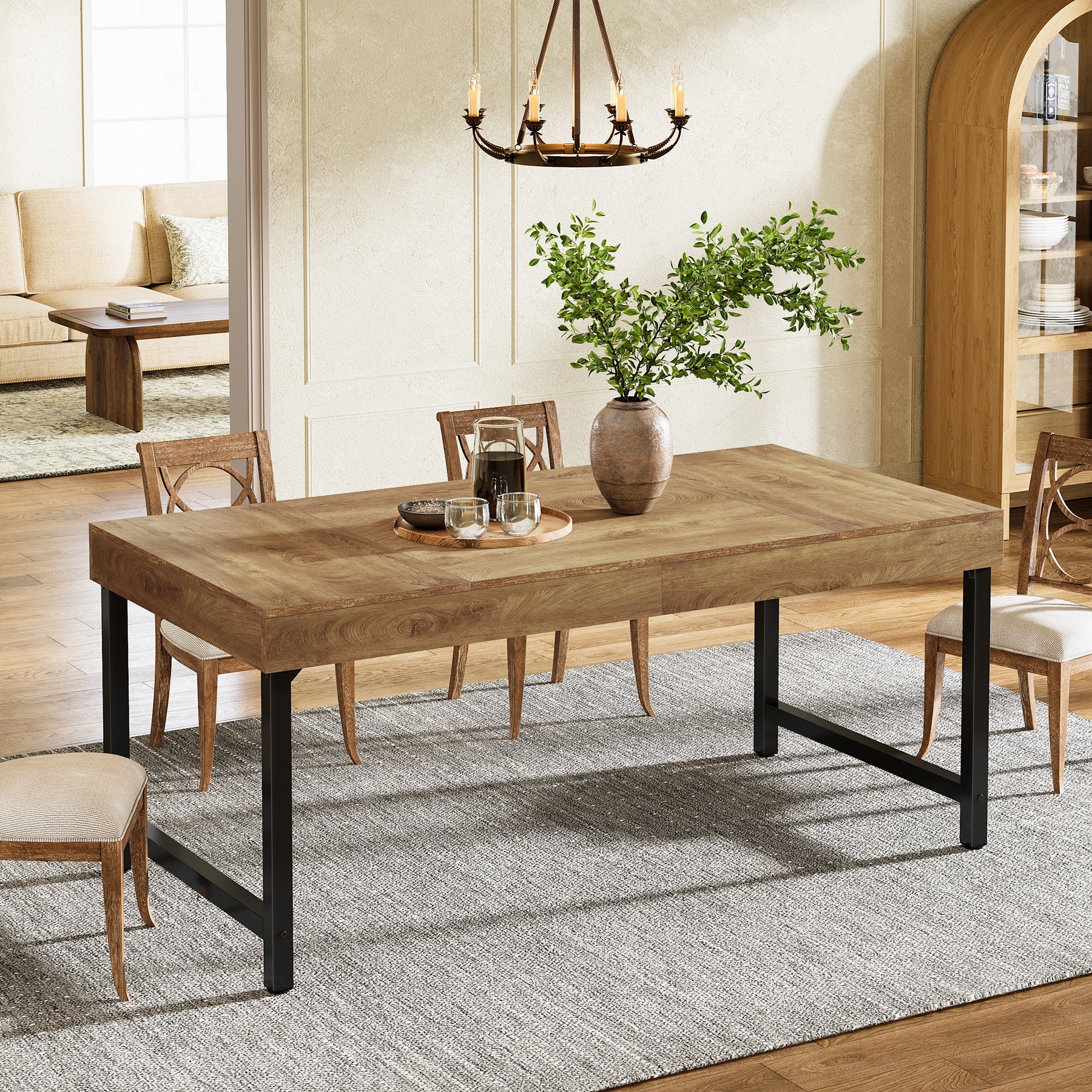 Farmhouse Dining Table, 55" Rectangular Kitchen Dinner Table for 4-6 People