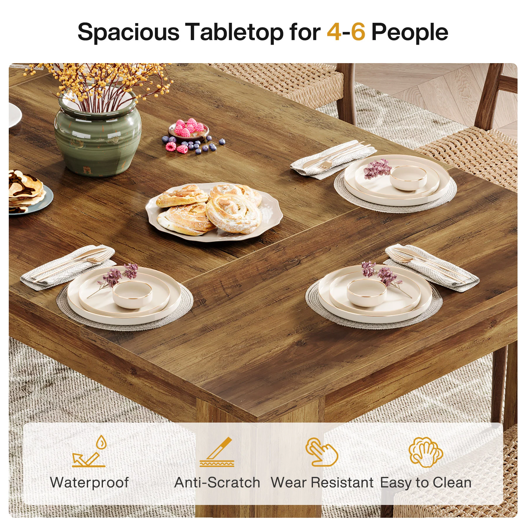 63" Dining Table, Farmhouse Kitchen Dinner Table for 4-6 People - Image 6