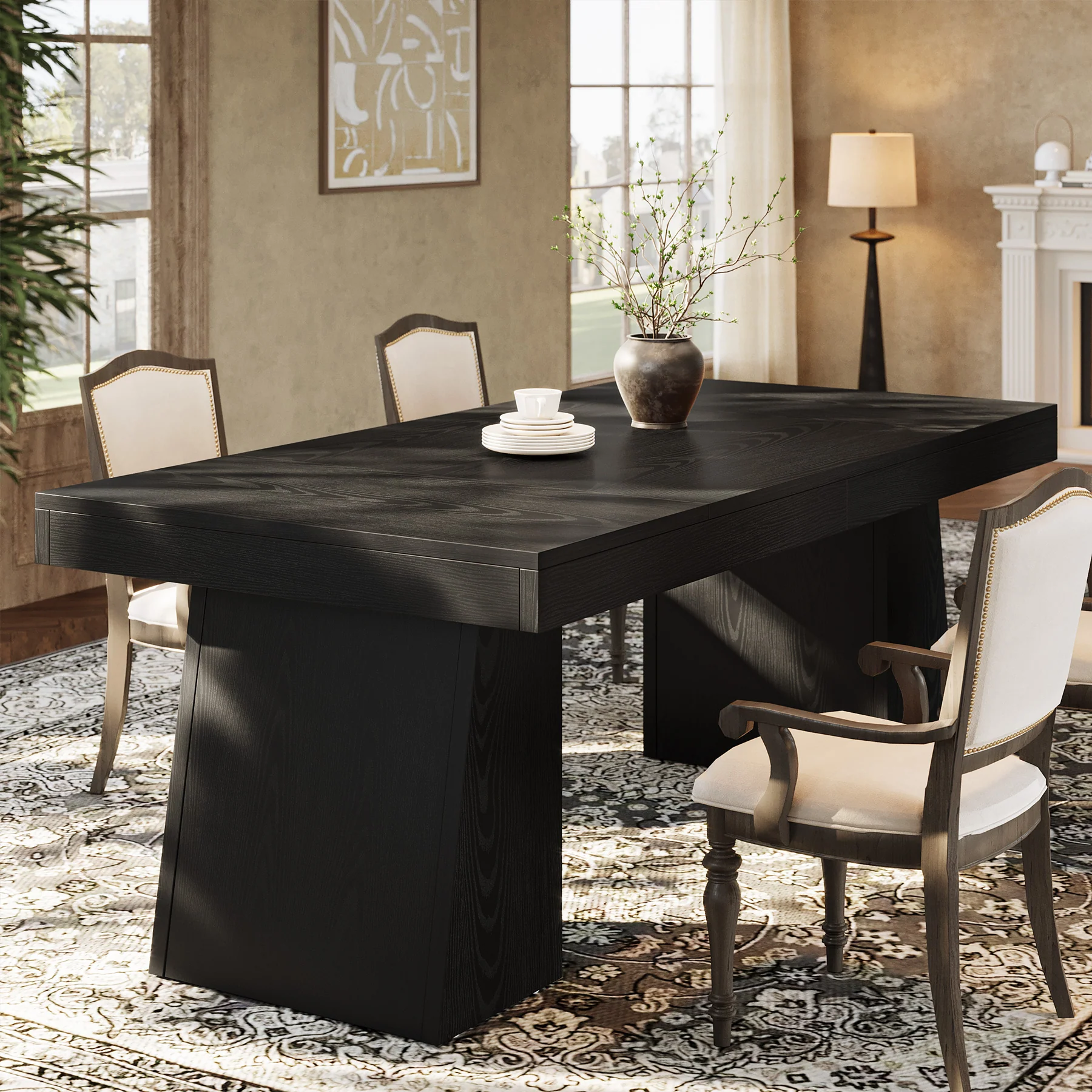 55 Inch Farmhouse Double Pedestal Dining Table, Rectangular Table for 4-6 in Small Spaces