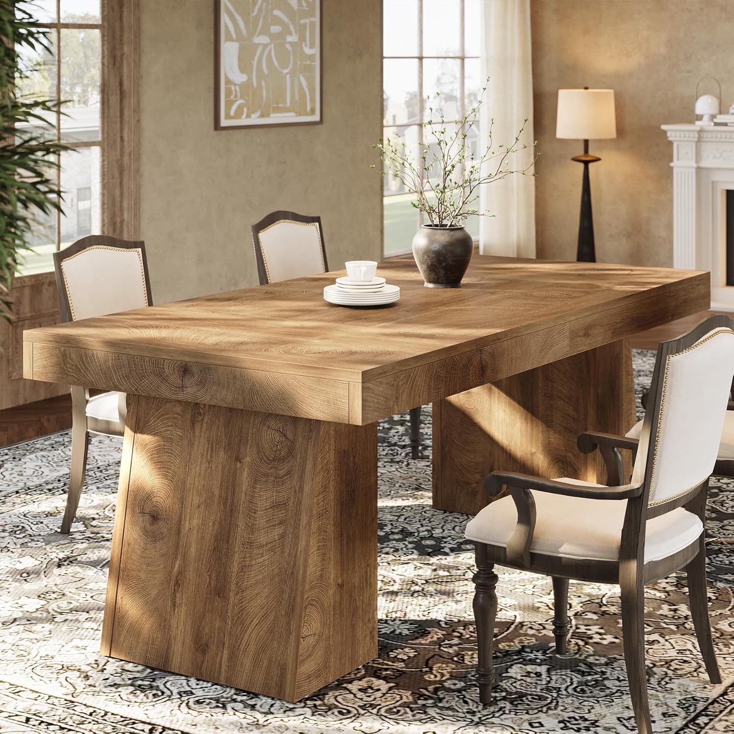 55 Inch Farmhouse Double Pedestal Dining Table, Rectangular Table for 4-6 in Small Spaces - Image 12