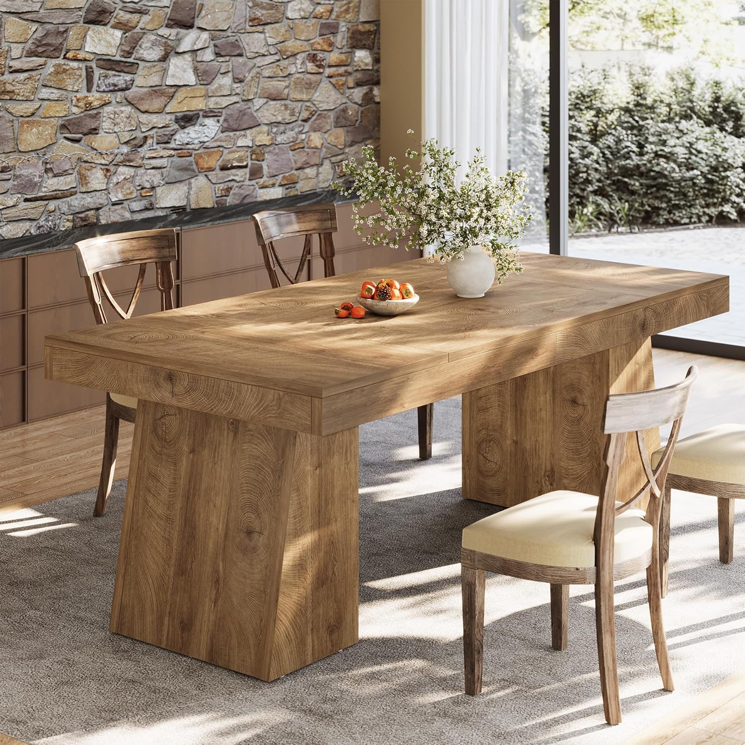 55 Inch Farmhouse Double Pedestal Dining Table, Rectangular Table for 4-6 in Small Spaces - Image 14