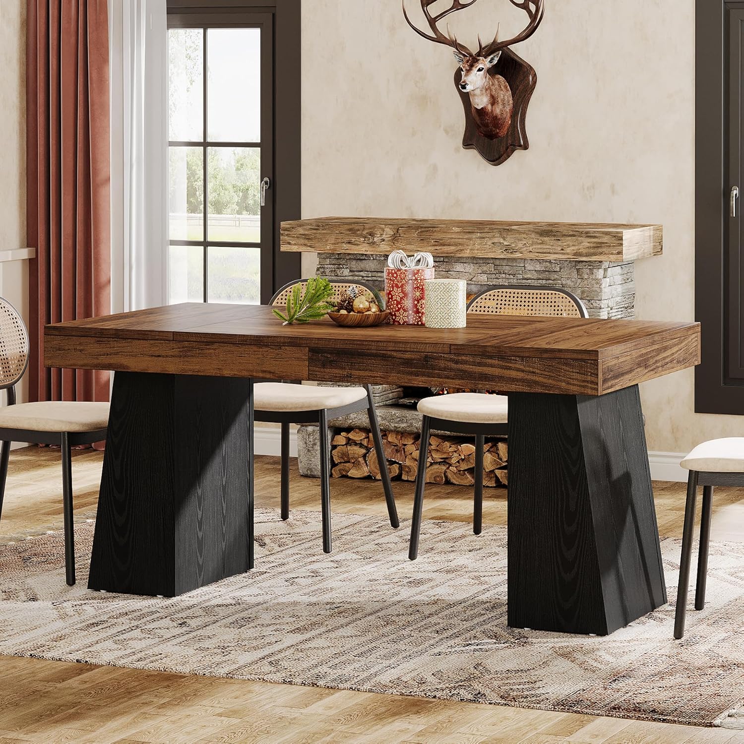55 Inch Farmhouse Double Pedestal Dining Table, Rectangular Table for 4-6 in Small Spaces - Image 16