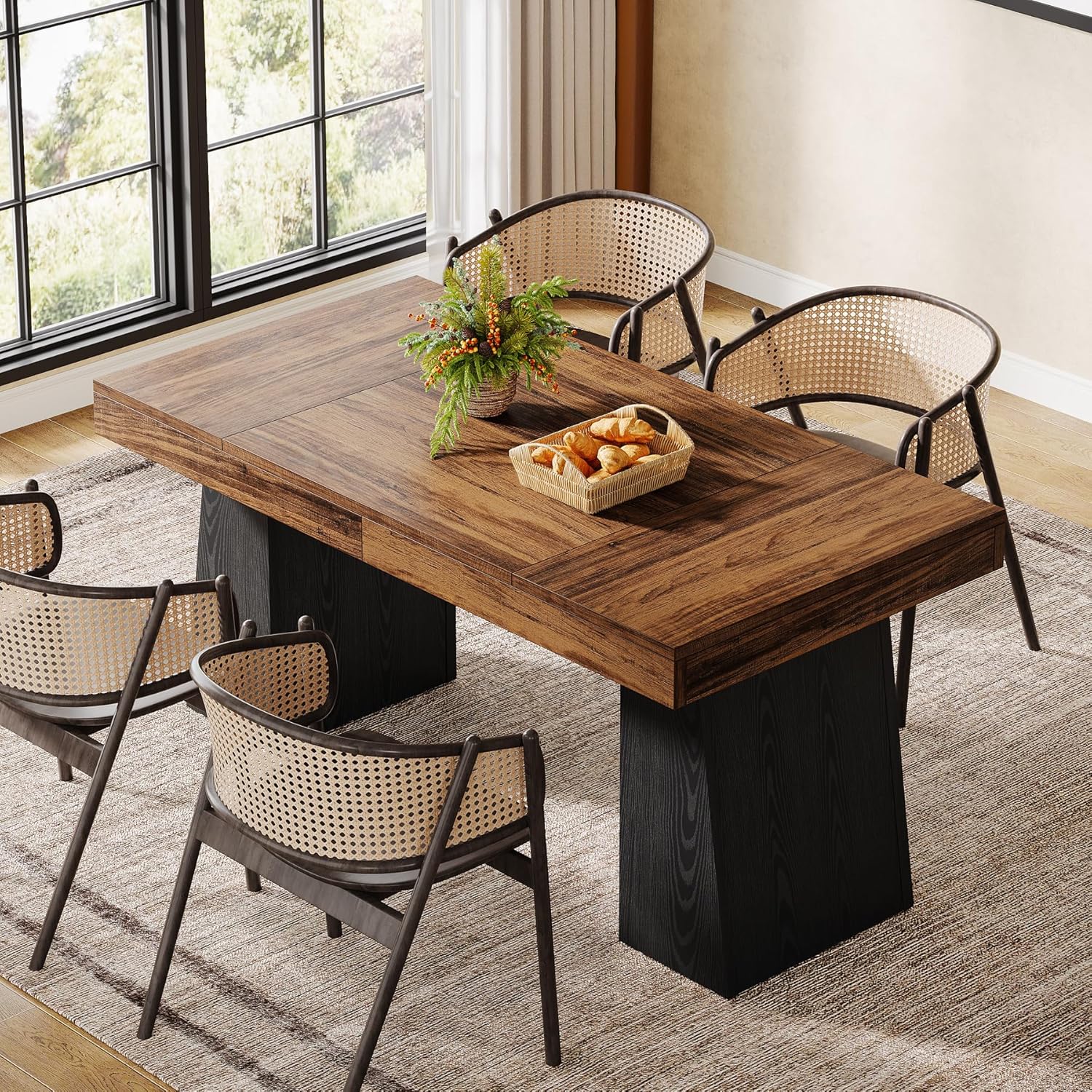 55 Inch Farmhouse Double Pedestal Dining Table, Rectangular Table for 4-6 in Small Spaces - Image 18