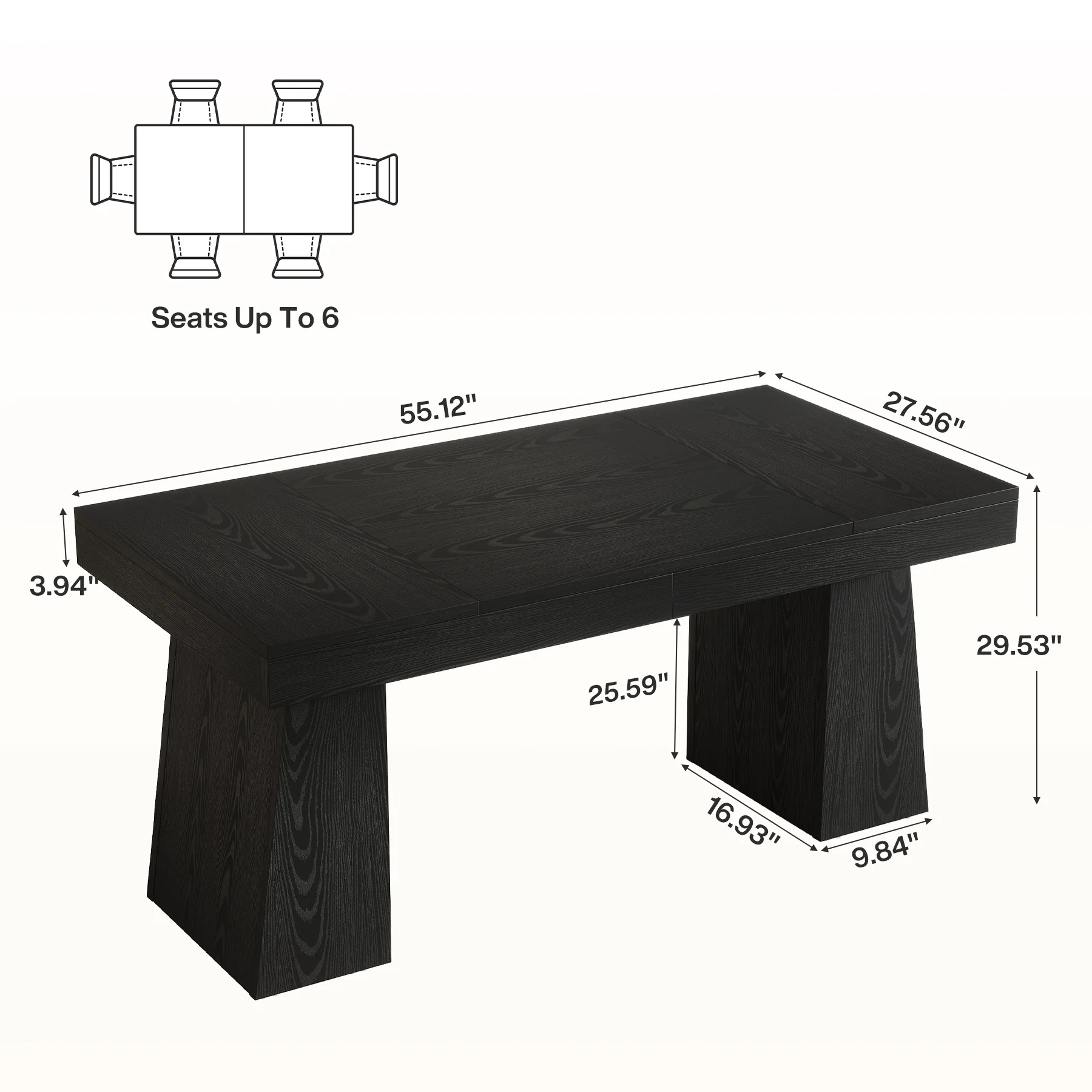 55 Inch Farmhouse Double Pedestal Dining Table, Rectangular Table for 4-6 in Small Spaces - Image 2