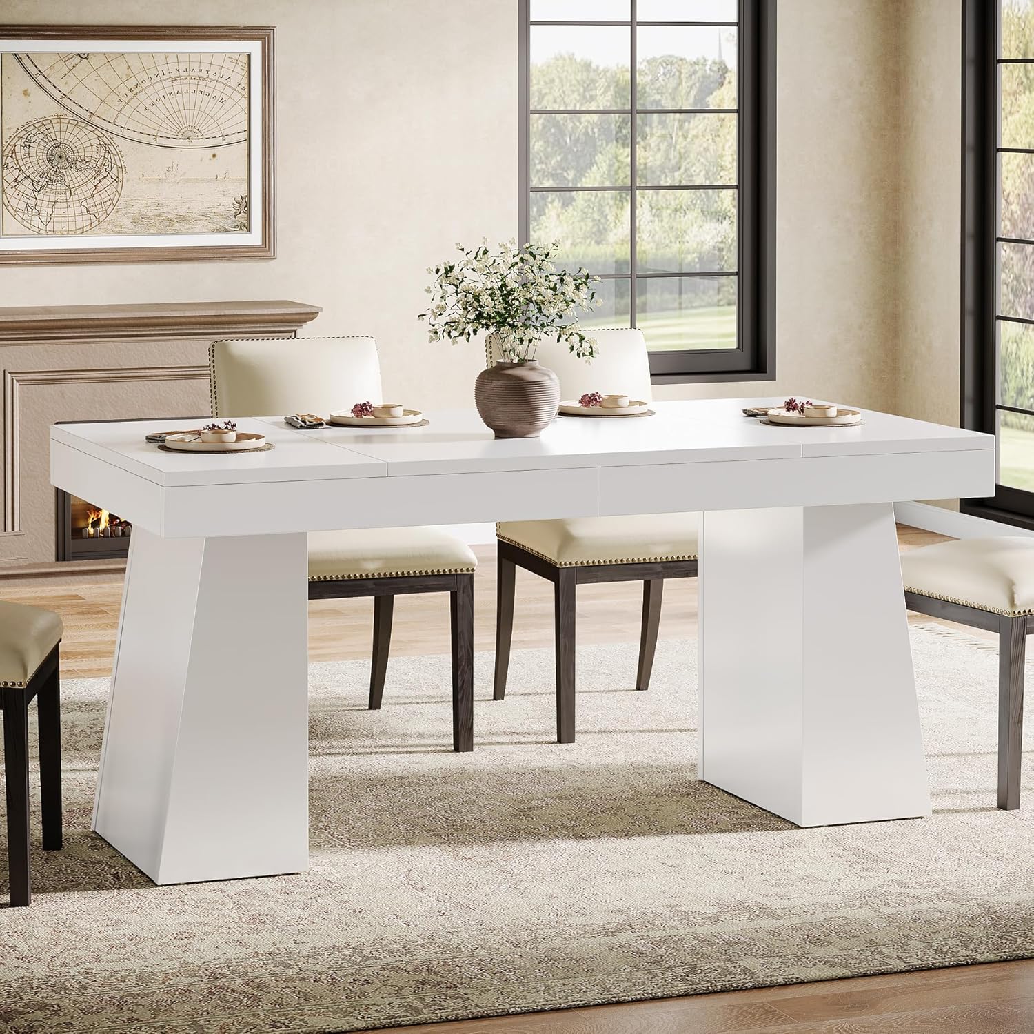 55 Inch Farmhouse Double Pedestal Dining Table, Rectangular Table for 4-6 in Small Spaces - Image 22