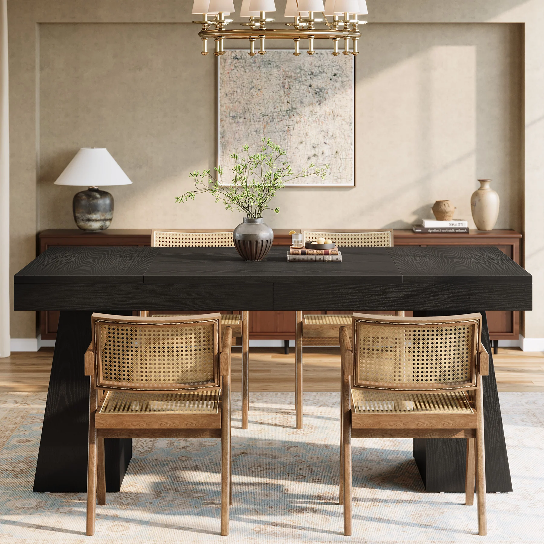 55 Inch Farmhouse Double Pedestal Dining Table, Rectangular Table for 4-6 in Small Spaces - Image 3