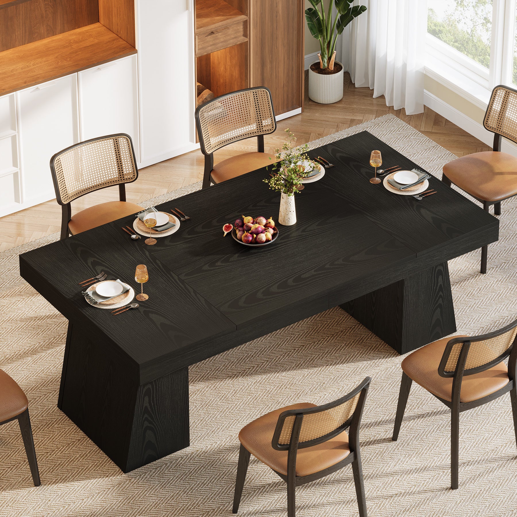 55 Inch Farmhouse Double Pedestal Dining Table, Rectangular Table for 4-6 in Small Spaces - Image 4