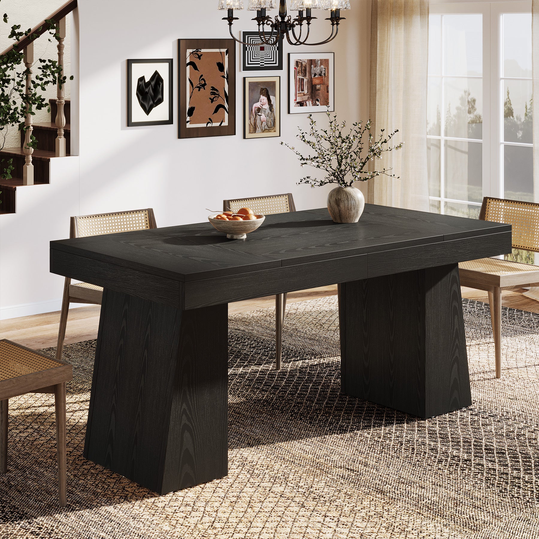 55 Inch Farmhouse Double Pedestal Dining Table, Rectangular Table for 4-6 in Small Spaces - Image 5
