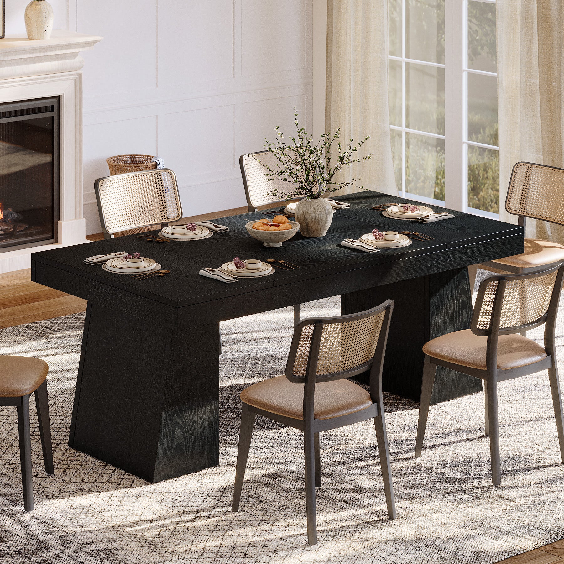 55 Inch Farmhouse Double Pedestal Dining Table, Rectangular Table for 4-6 in Small Spaces - Image 6