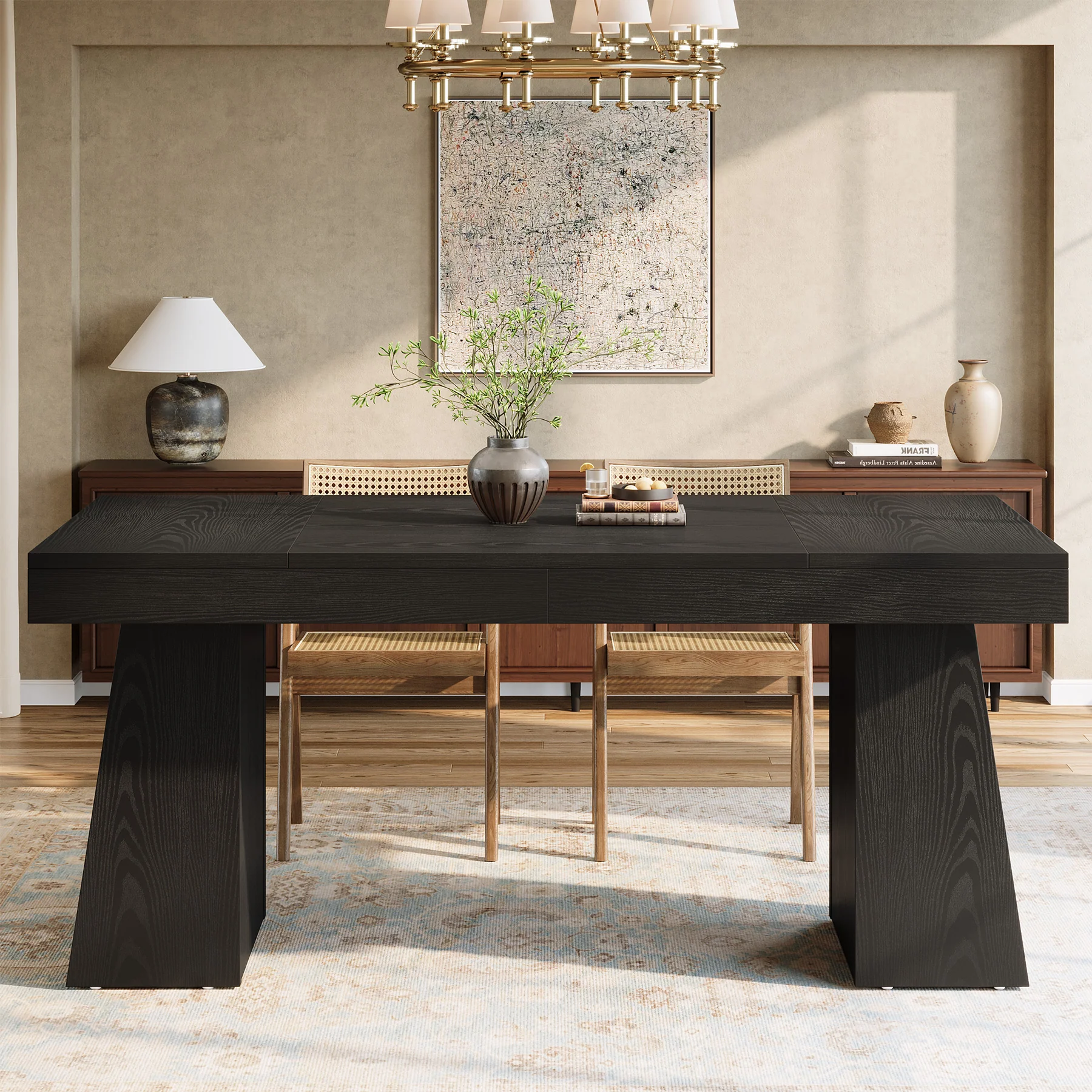 55 Inch Farmhouse Double Pedestal Dining Table, Rectangular Table for 4-6 in Small Spaces - Image 7