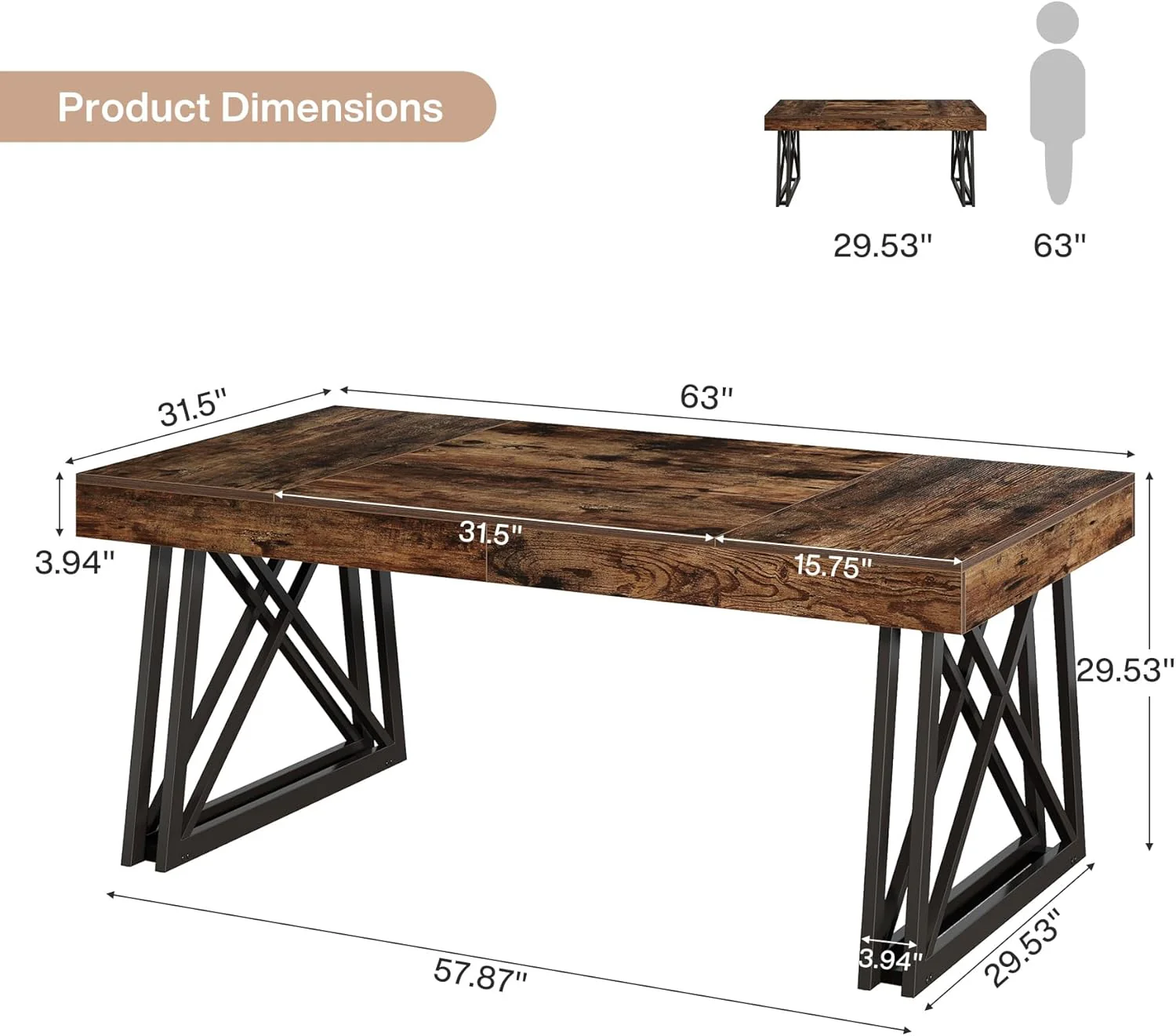 63" Executive Desk, Farmhouse Office Computer Desk with X-Shaped Legs - Image 2