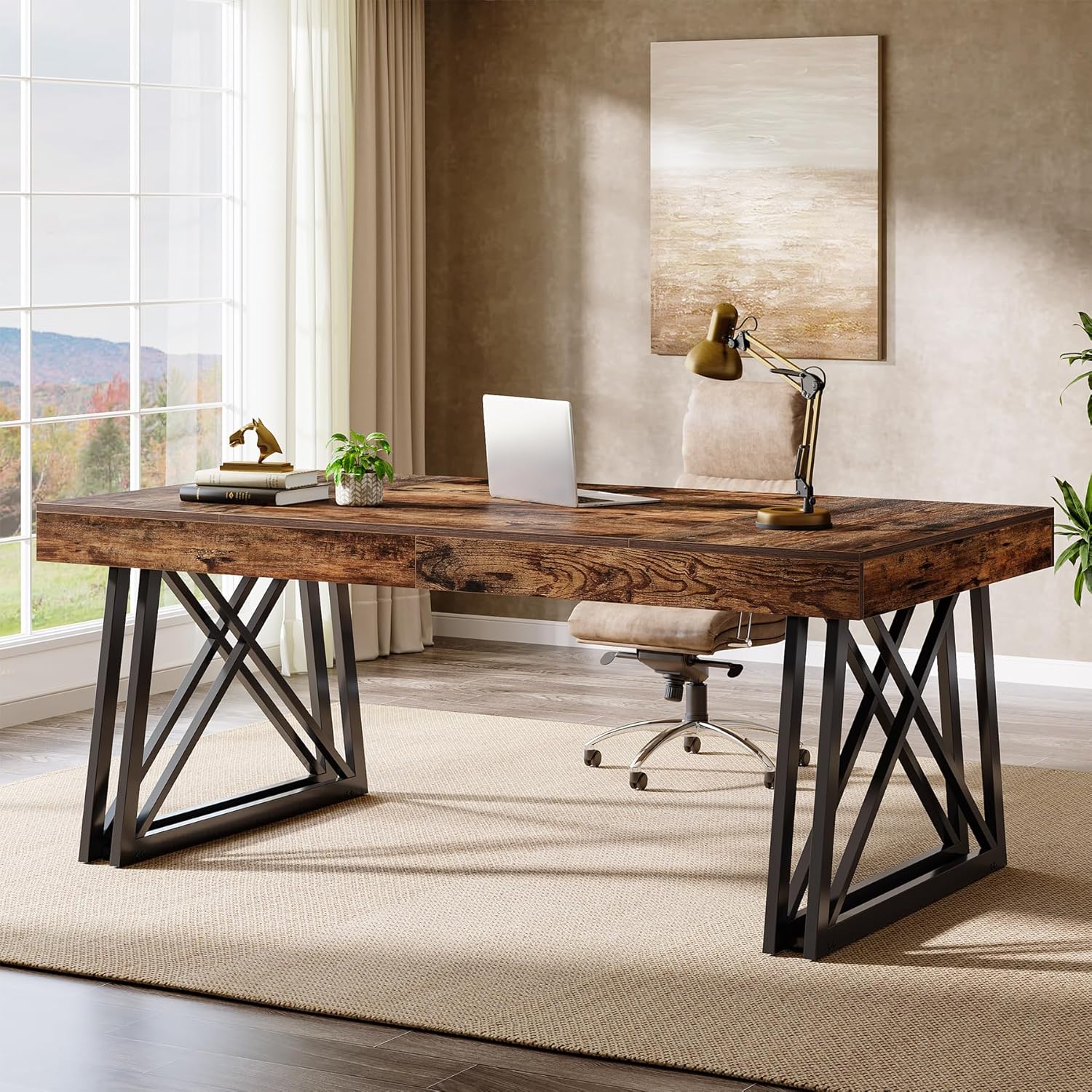 63" Executive Desk, Farmhouse Office Computer Desk with X-Shaped Legs - Image 3