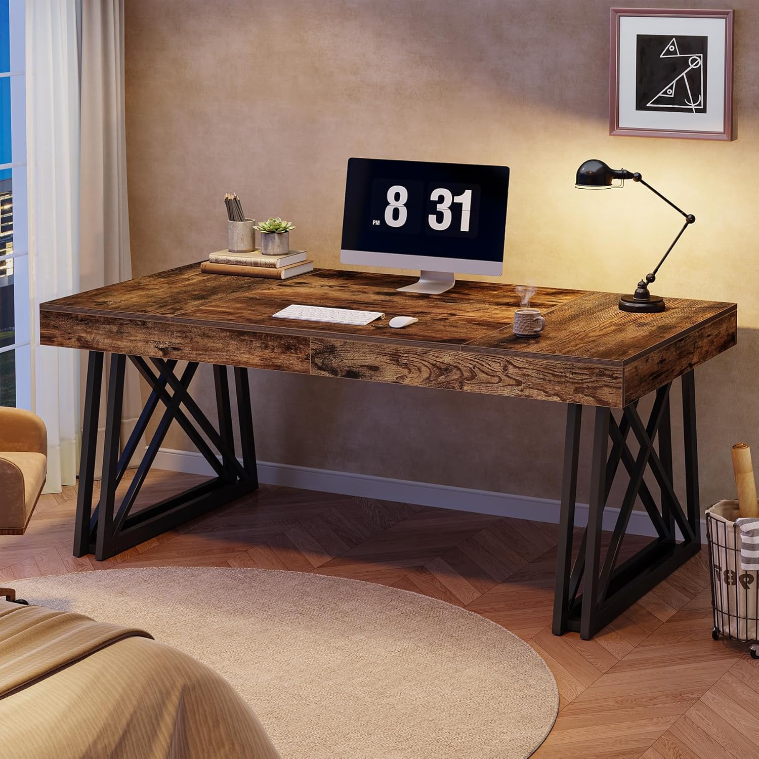63" Executive Desk, Farmhouse Office Computer Desk with X-Shaped Legs - Image 4