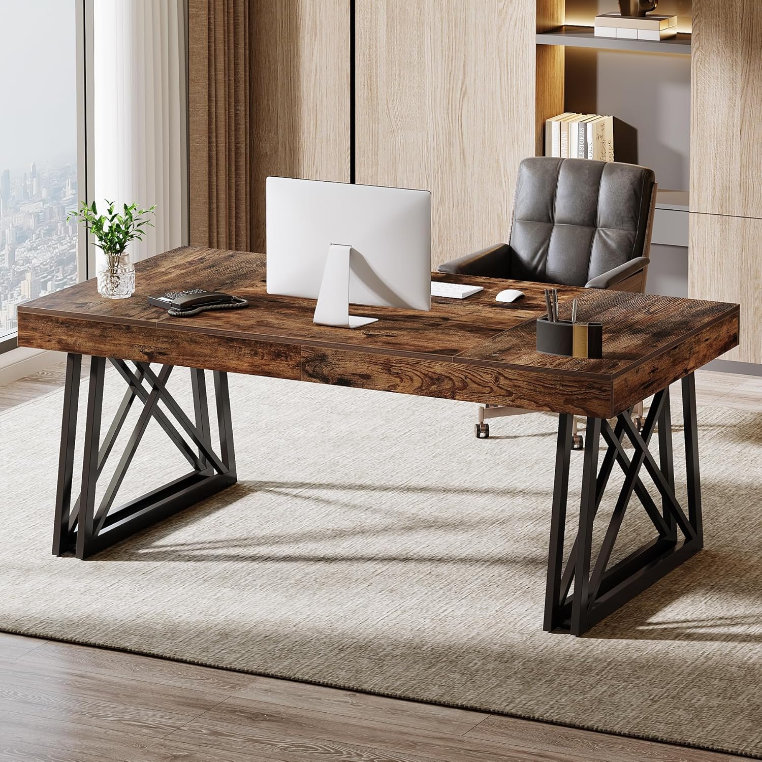 63" Executive Desk, Farmhouse Office Computer Desk with X-Shaped Legs - Image 5