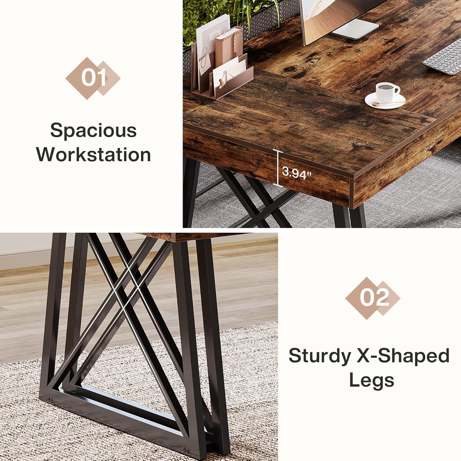 63" Executive Desk, Farmhouse Office Computer Desk with X-Shaped Legs - Image 7