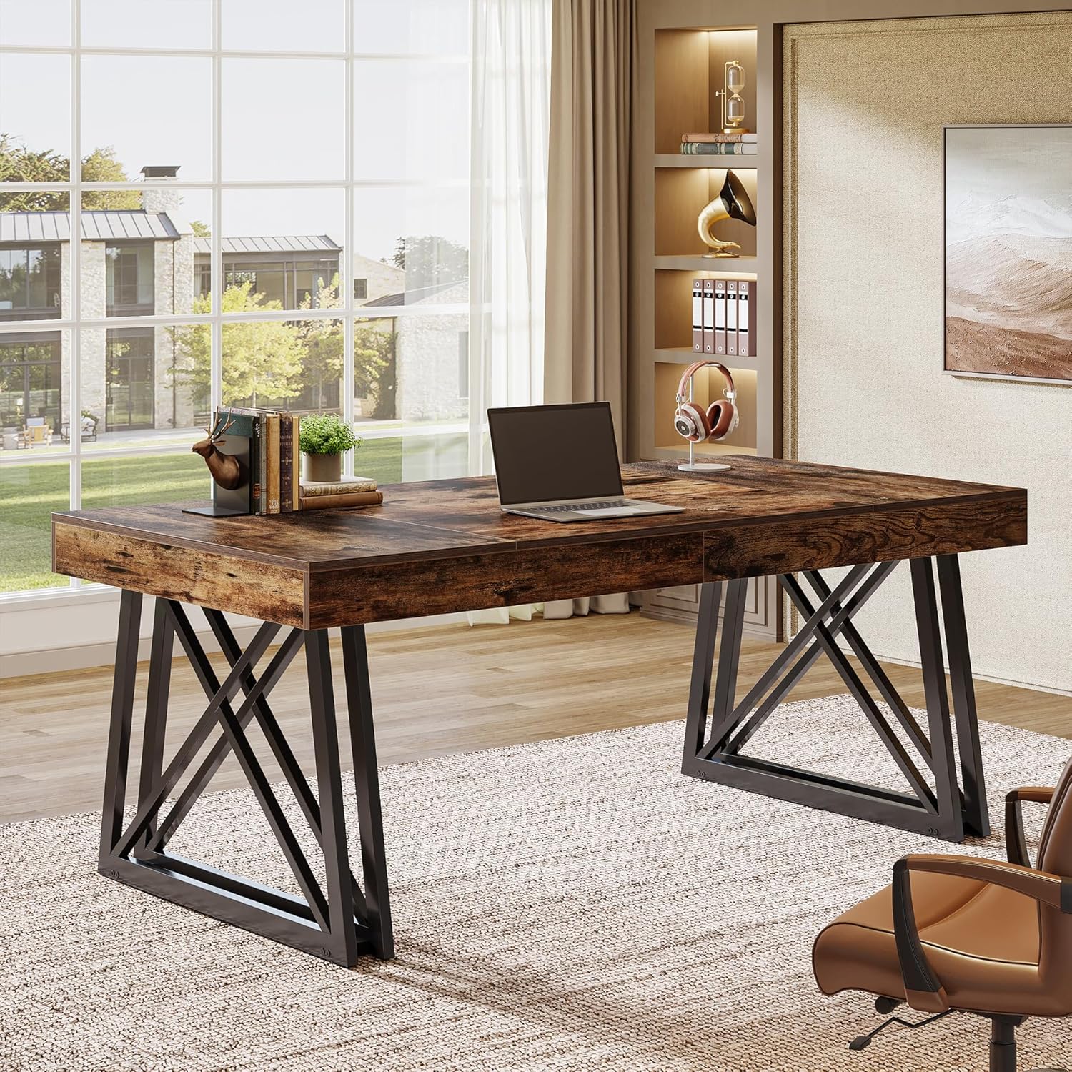 63" Executive Desk, Farmhouse Office Computer Desk with X-Shaped Legs - Image 8
