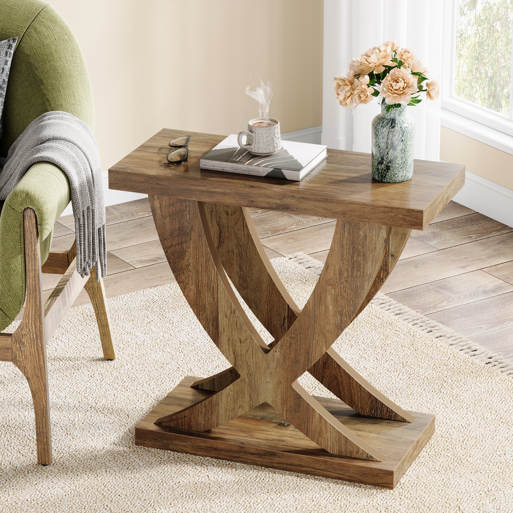 Wooden End Table, Farmhouse Side Table Nightstand with Cross Fishtail Support - Image 3
