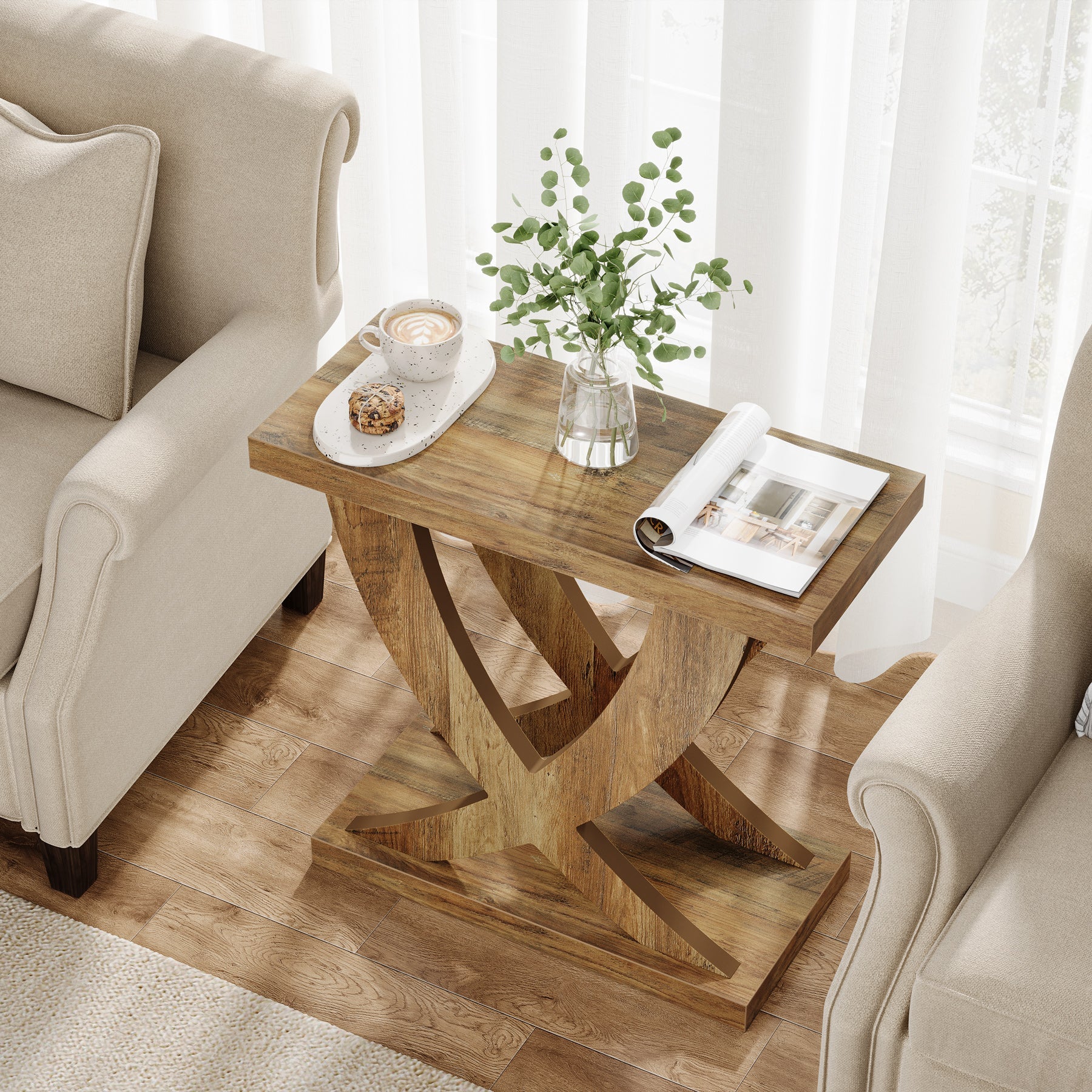 Wooden End Table, Farmhouse Side Table Nightstand with Cross Fishtail Support - Image 4