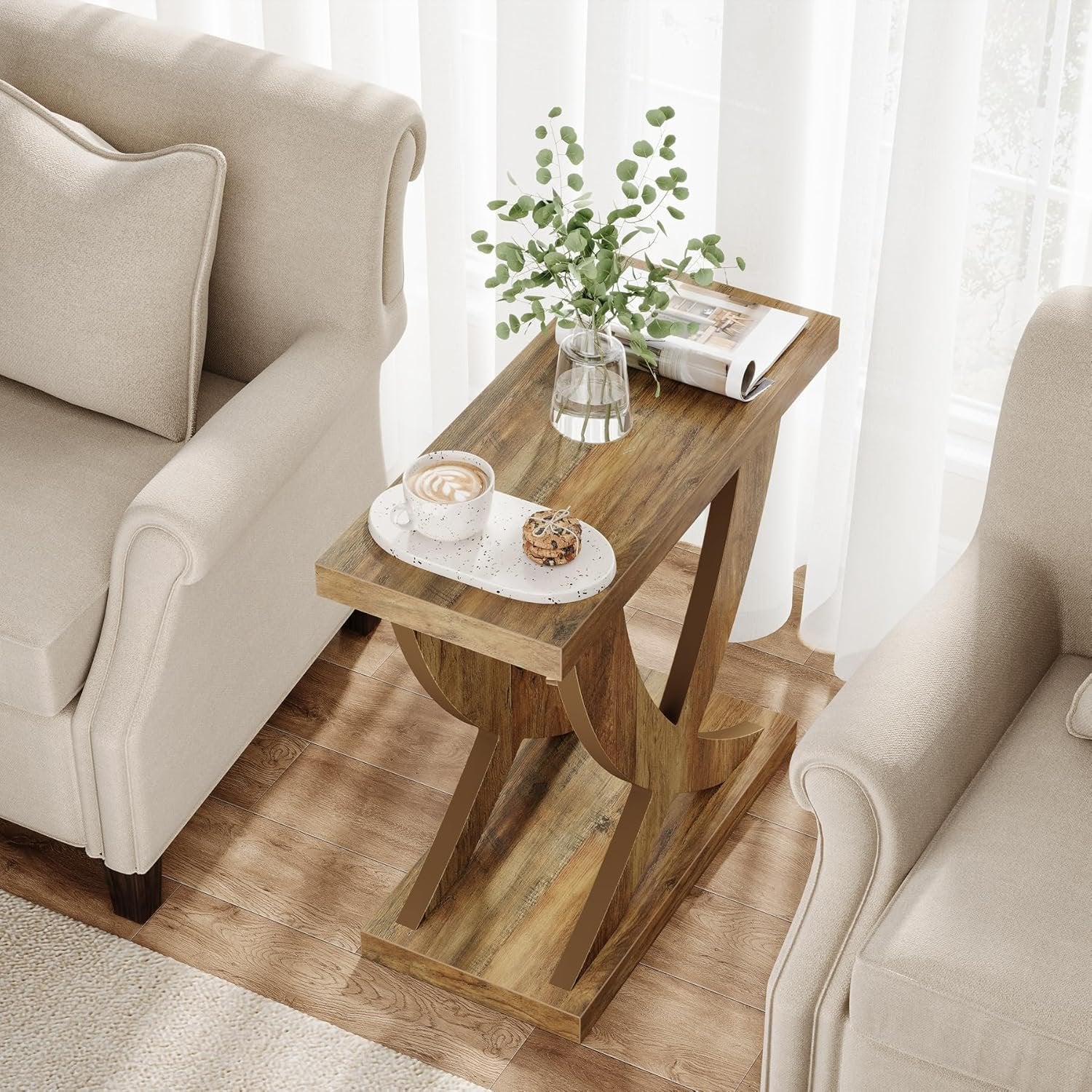 Wooden End Table, Farmhouse Side Table Nightstand with Cross Fishtail Support - Image 5