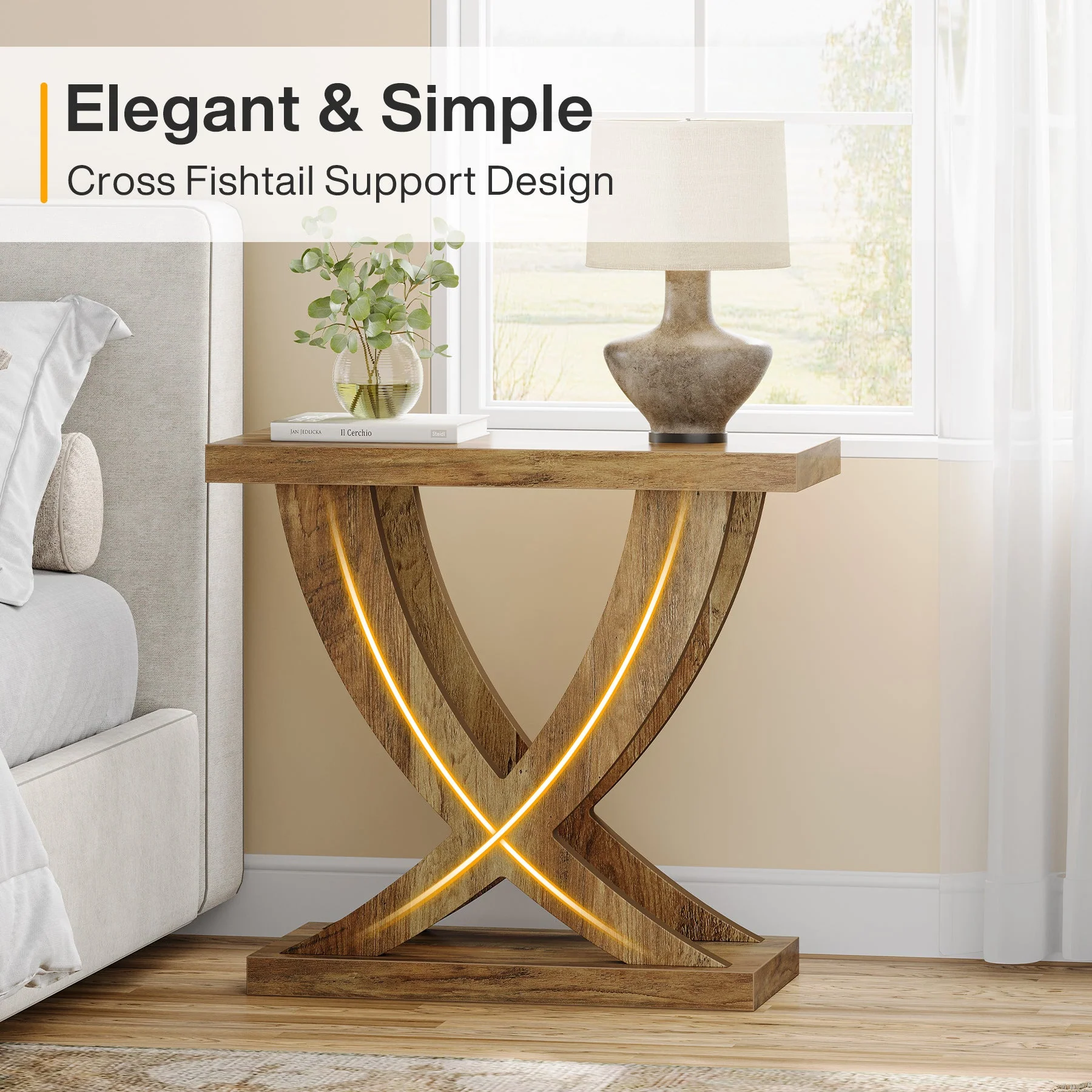 Wooden End Table, Farmhouse Side Table Nightstand with Cross Fishtail Support - Image 7
