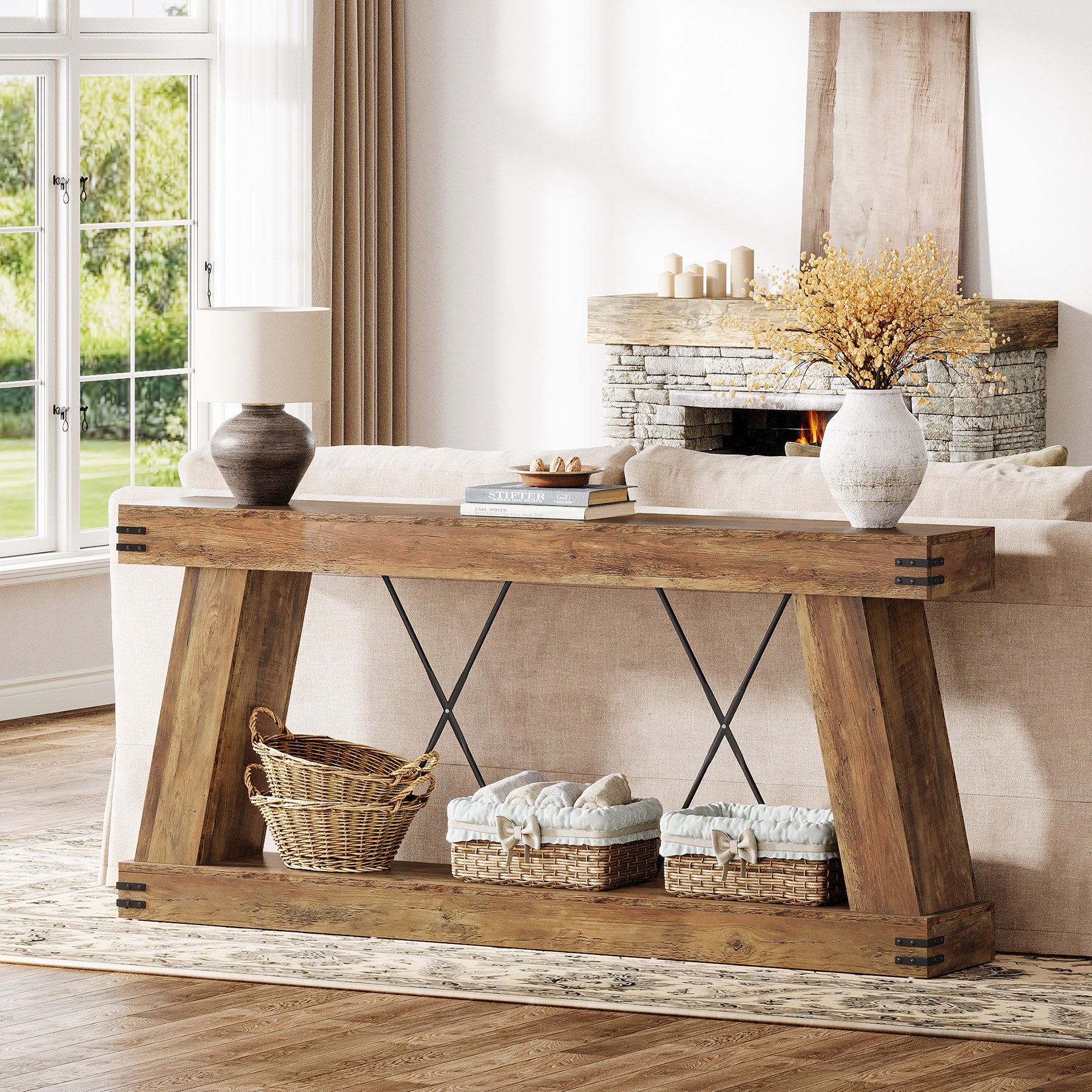 70.9" Console Table, Farmhouse Sofa Entryway Table with Sturdy Base
