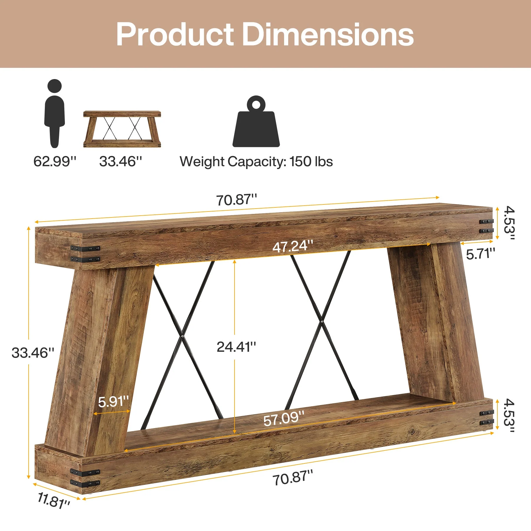 70.9" Console Table, Farmhouse Sofa Entryway Table with Sturdy Base - Image 2