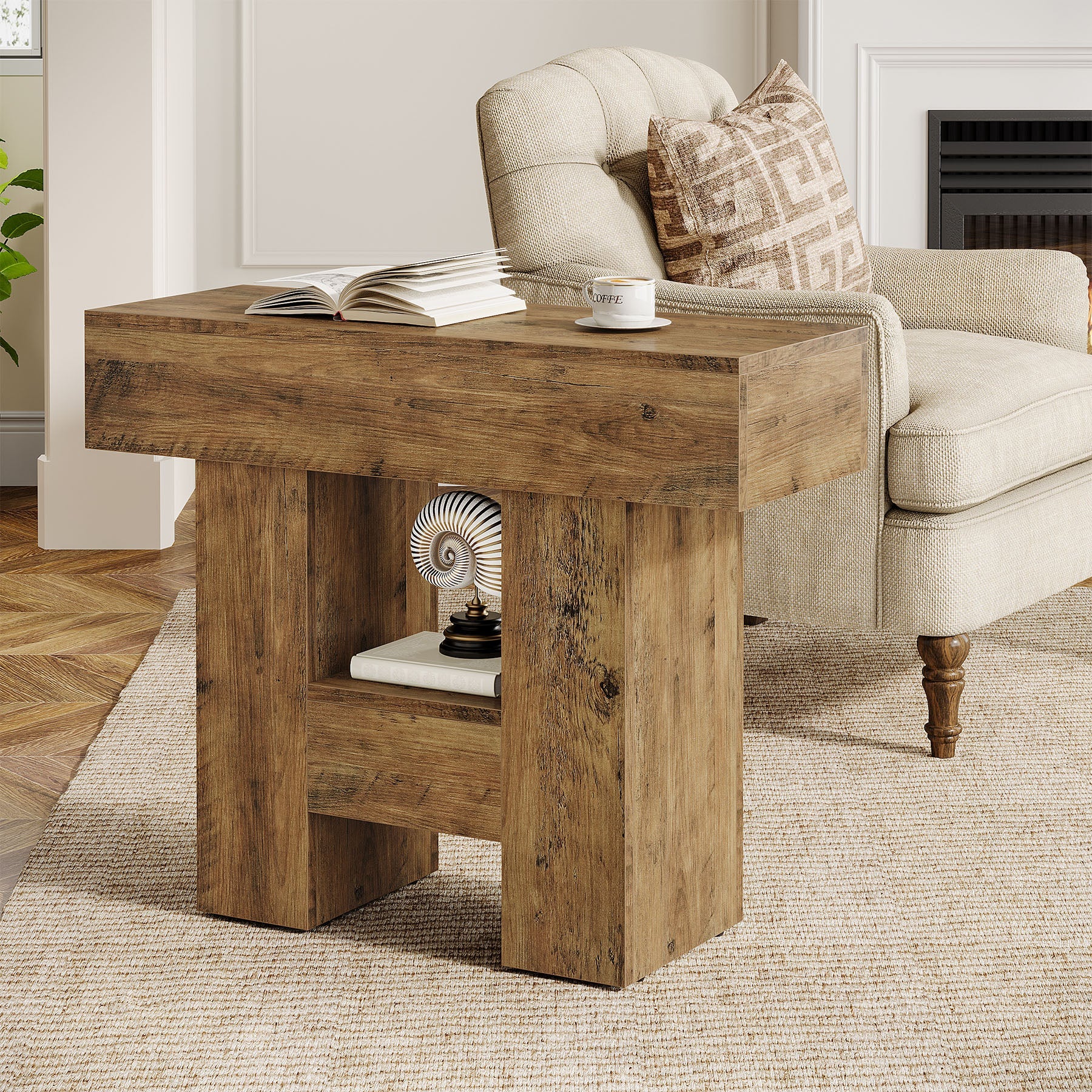 31.5" End Table, Farmhouse Sofa Side Table with 2-Tier Shelf and Heavy Duty Base - Image 4