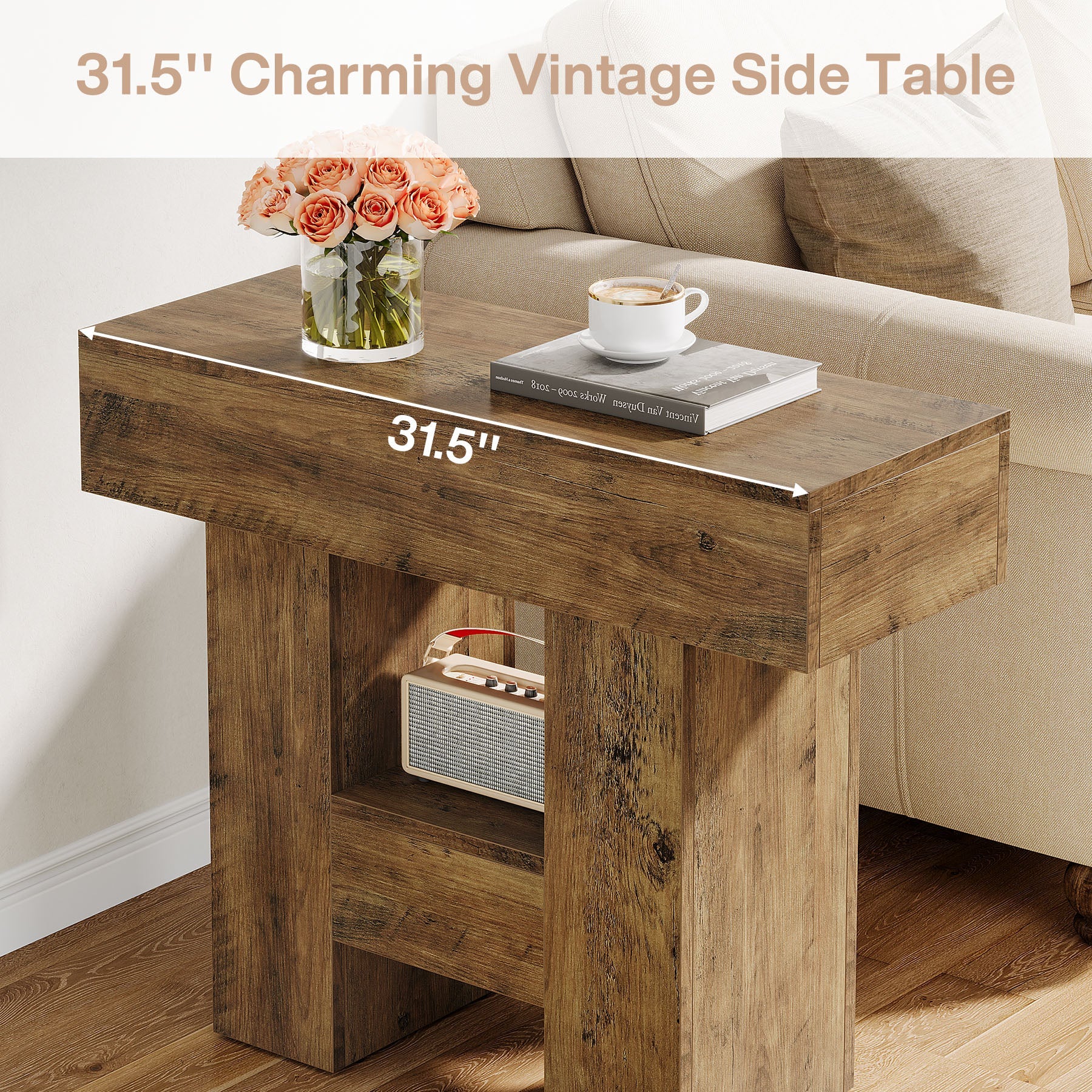 31.5" End Table, Farmhouse Sofa Side Table with 2-Tier Shelf and Heavy Duty Base - Image 6
